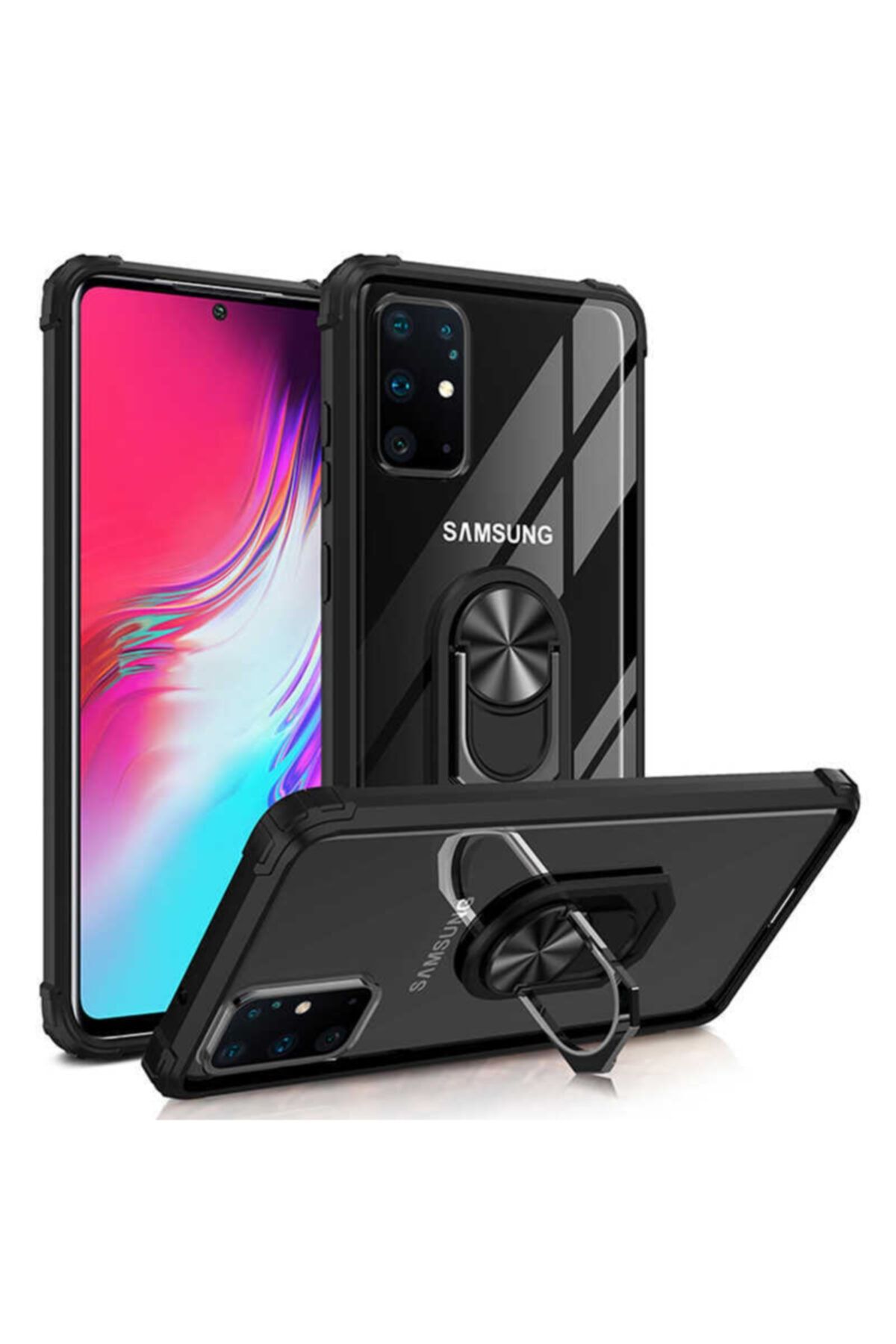 Canpay Galaxy A51 Uyumlu Kılıf Yüzüklü Stand Olabilen Ortası Şeffaf Kapak + Ekran Koruyucu Cam