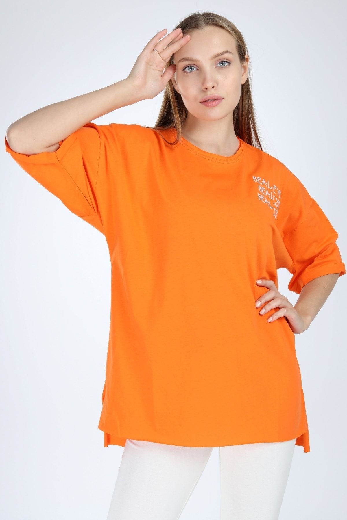 Millionaire Kadın Turuncu Yırtmaçlı Real Eyes Oversize T-Shirt