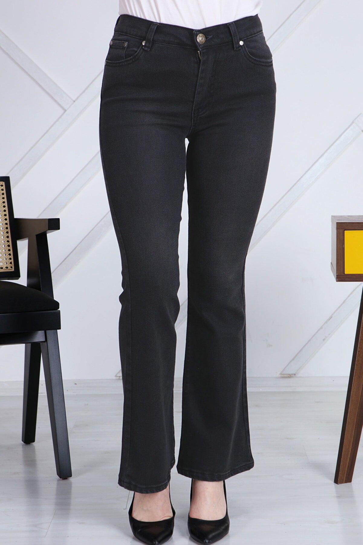 Gül Moda Antrasit Ispanyol Paça Likralı Yüksek Bel Kot Pantolon Jeans G00ipsi
