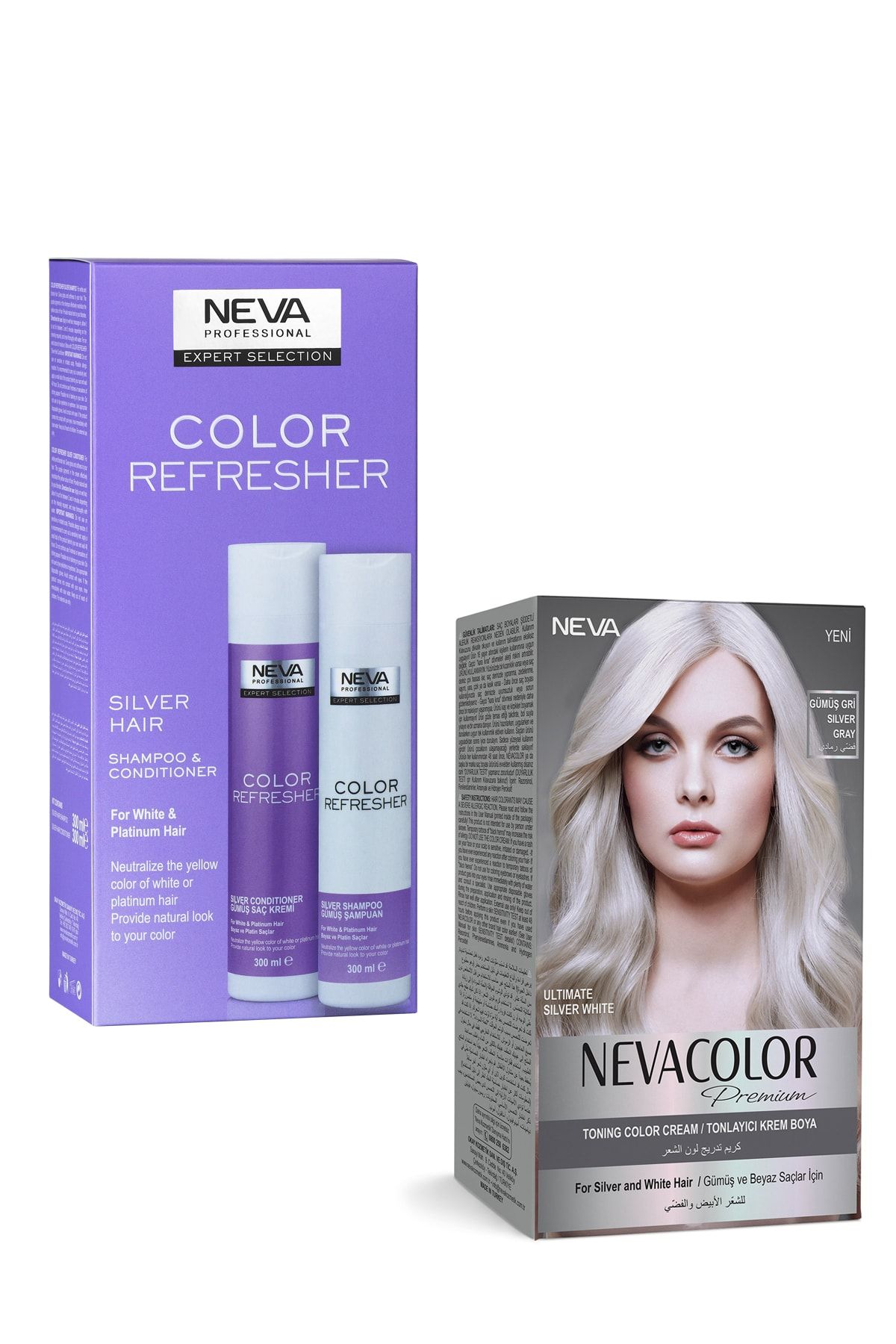 NEVA KOZMETİK Neva Premium Gümüş Kit Boya + Mor Şampuan + Mor Saç Kremi - 3'lü set NEVASET1-1