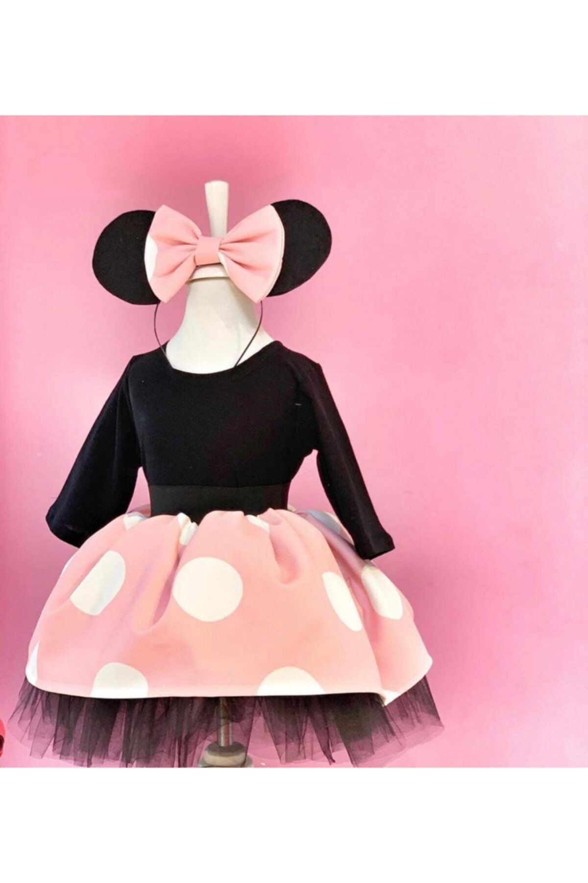 Anne Kız Tasarım Pembe Puantiyeli Minnie Mouse Elbise (UZUN KOL)