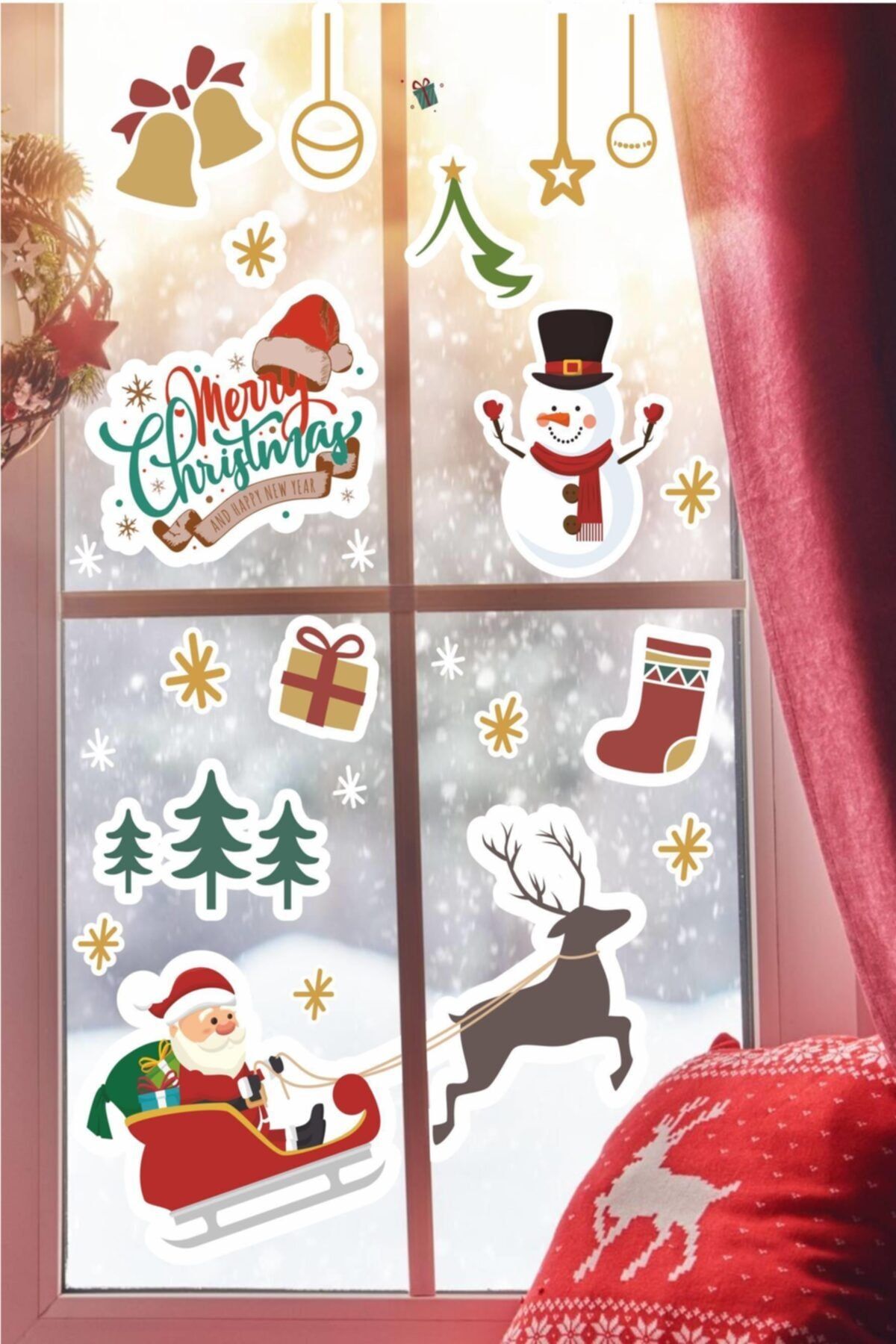 MSticker Yılbaşına Özel Kızakta Noel Baba, Noel Süsleri Duvar Cam Sticker, Yılbaşı Sticker Yılbaşı Süsü