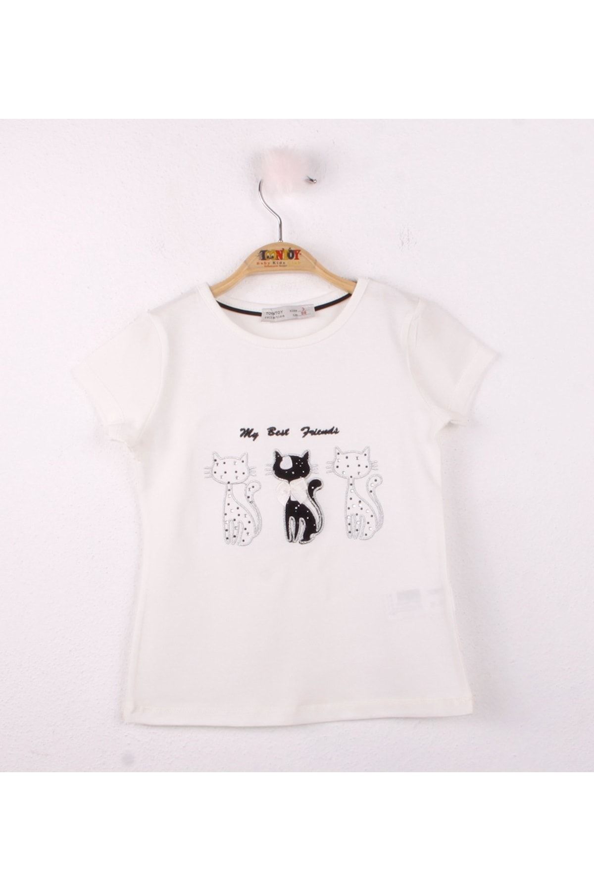 Toontoy Kız Çocuk Ekru Kedi Nakışlı T-Shirt