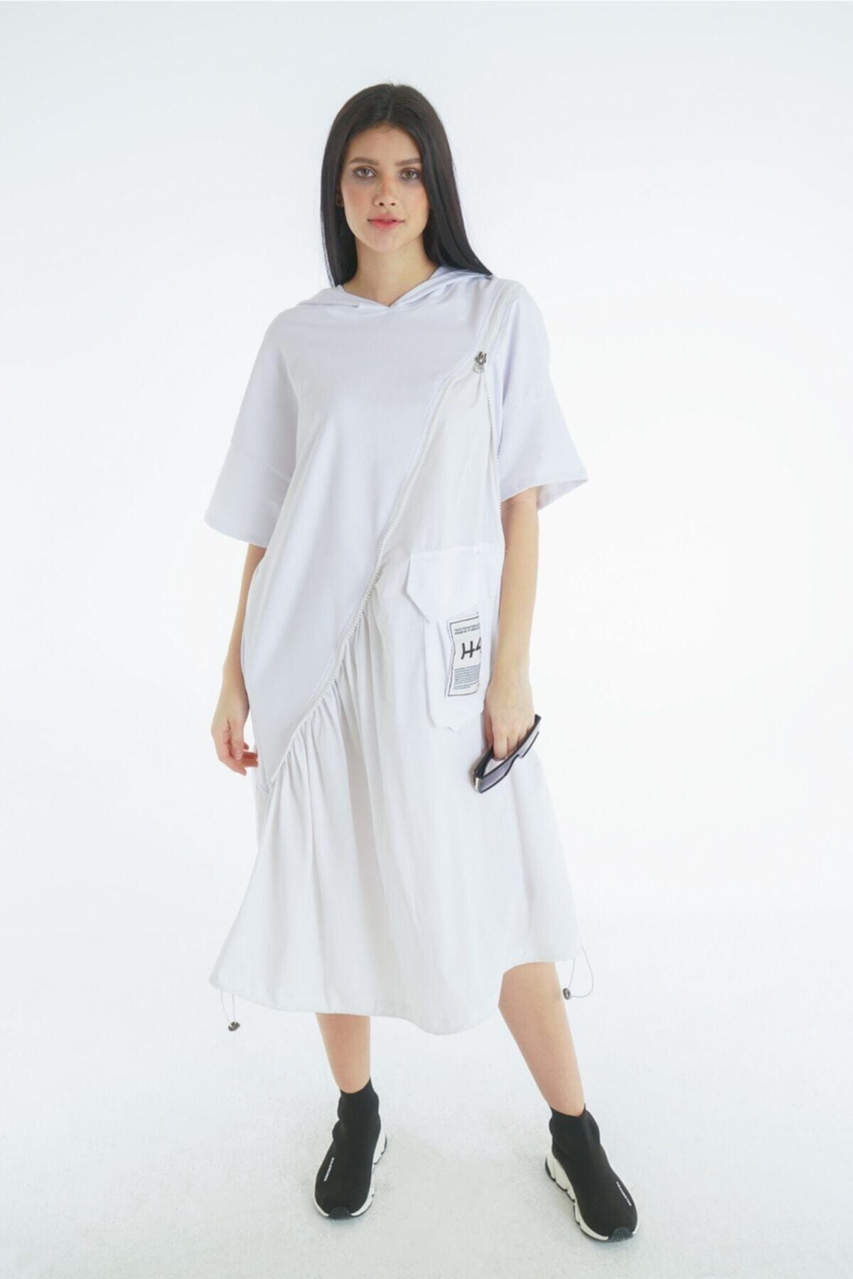 VorNişantaşı Kadın Beyaz Tasarım Kapşonlu Elbise