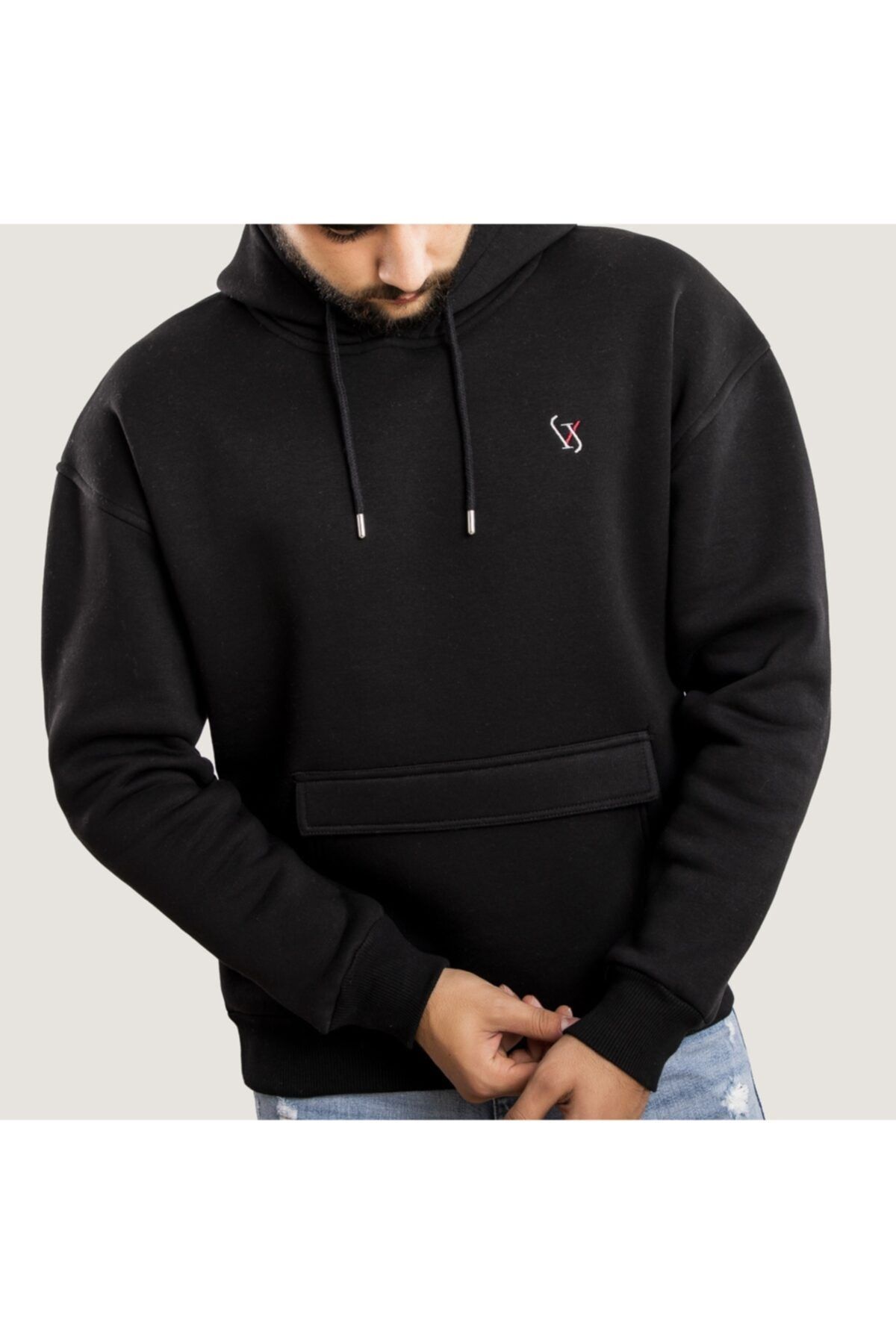 WELLHS Erkek Siyah Logo Nakışlı Oversize Sweatshirt