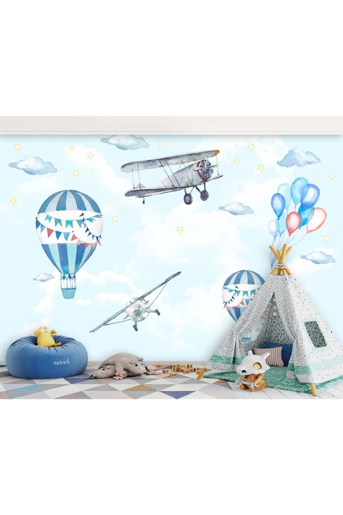 Özen Duvar Kağıtları Uçaklar Ve Balonlar Çocuk Odası Duvar Kağıdı