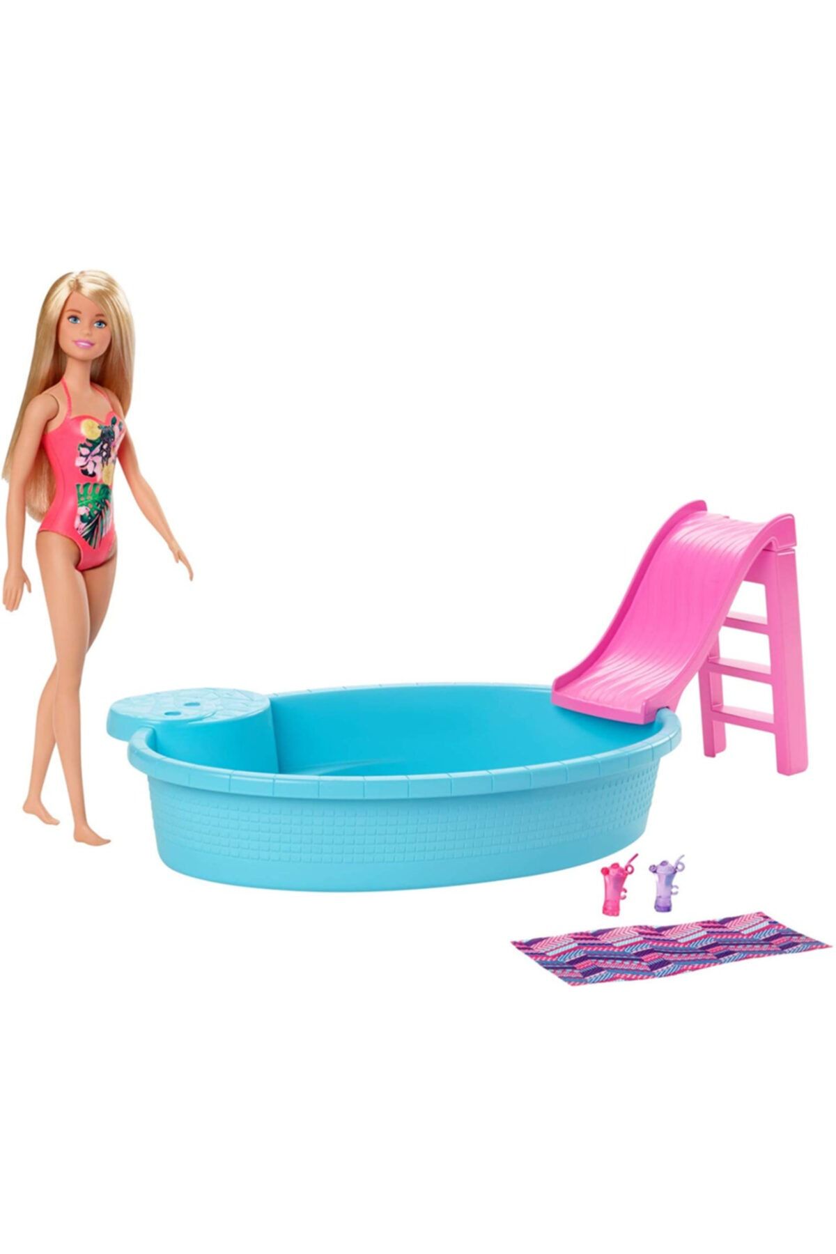 Barbie Ve Eğlenceli Havuzu, 30 Cm Boyunda, Sarışın Bebek Ile Kaydıraklı Havuz Oyun Seti Ve Ak