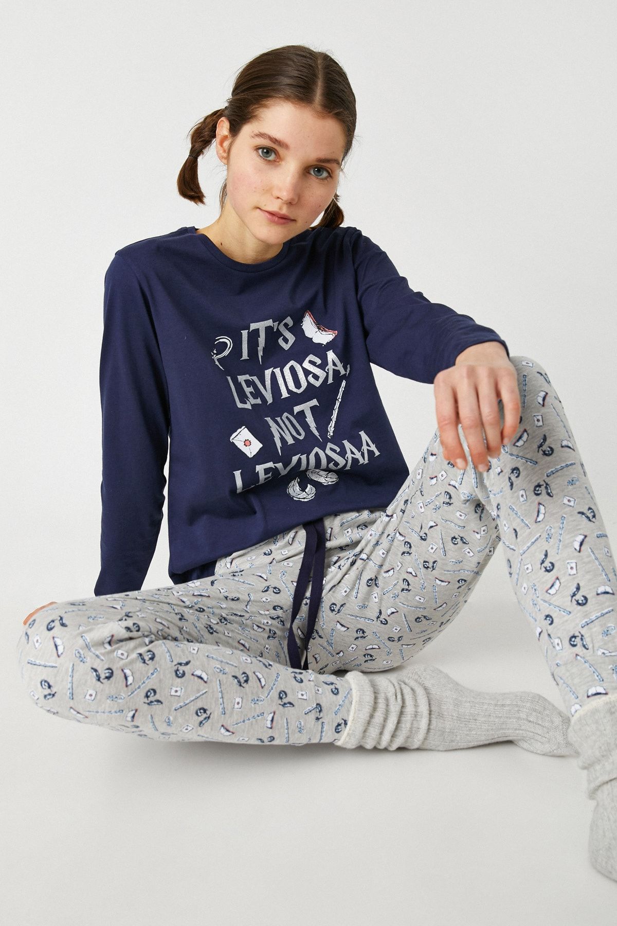 Koton Kadın Grı Melange Desenli Pijama Takımı 1KLK79336MK