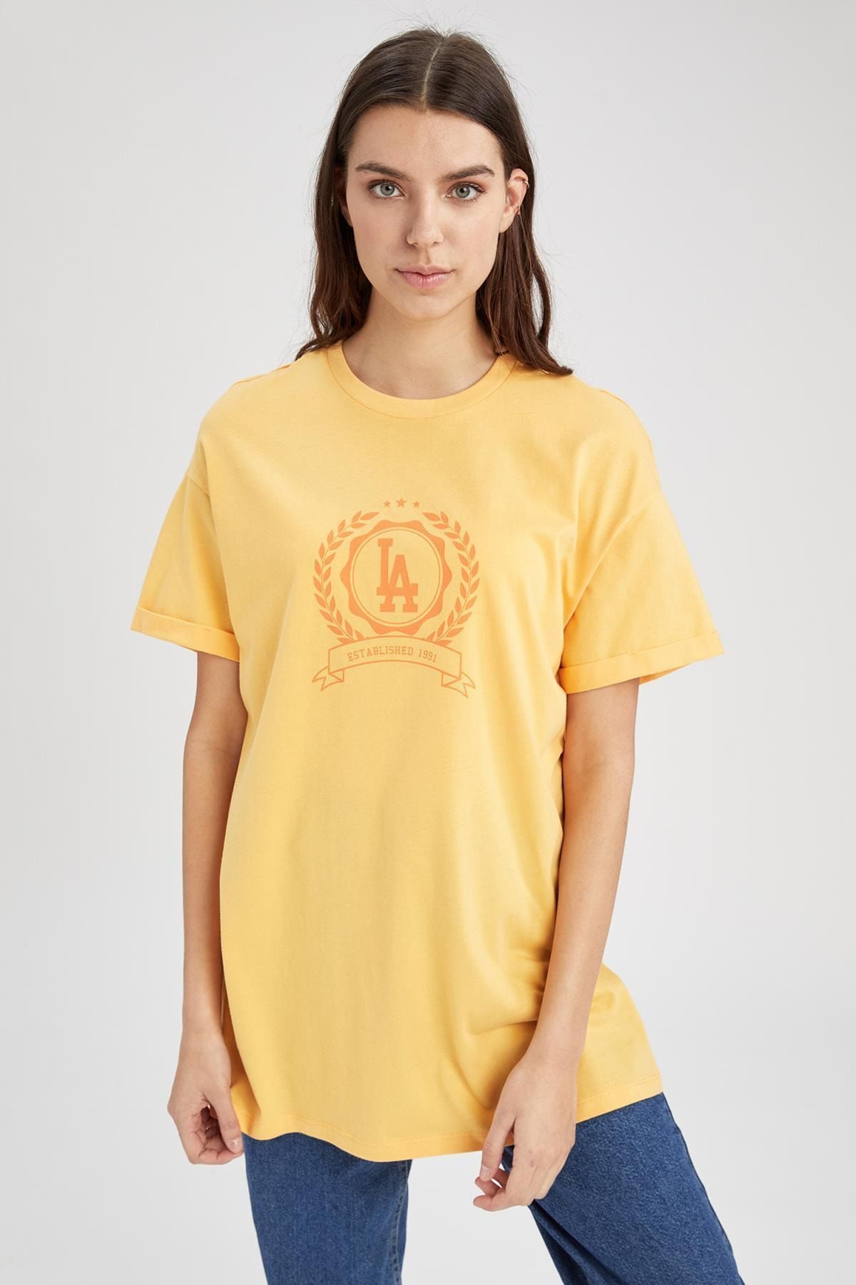 Defacto Kadın Sarı Yazı Baskılı Relax Fit Kısa Kol Tunik Tişört U0625AZ21SM
