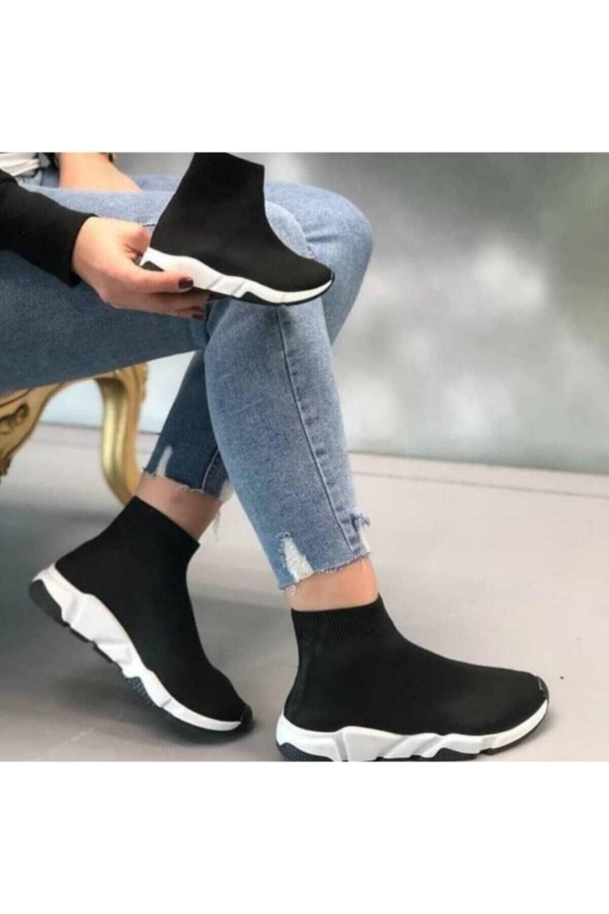 MİRKET Kadın Siyah Corap Beyaz Yüksek Taban Sneaker Spor Ayakkabı