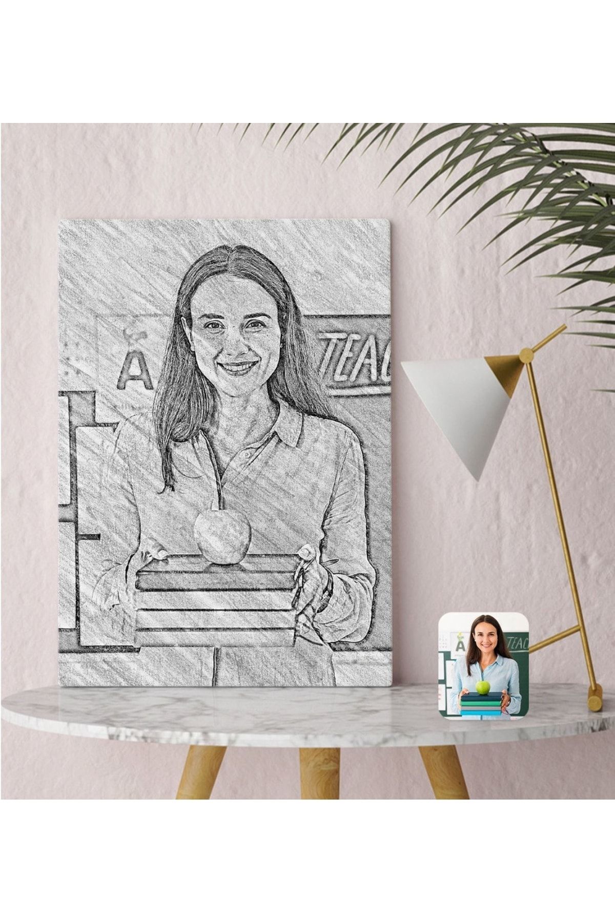 Bk Gift Kişiye Özel Kadın Öğretmen Karakalem Tasarımlı Kanvas Tablo 30x50cm-1