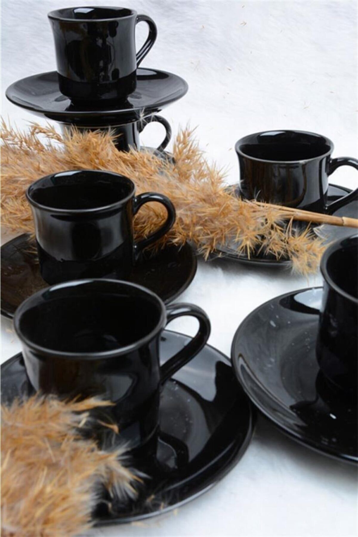 GULHANILE Porselen 6 Kişilik Kahve Fincan Seti Siyah Siyah Antik