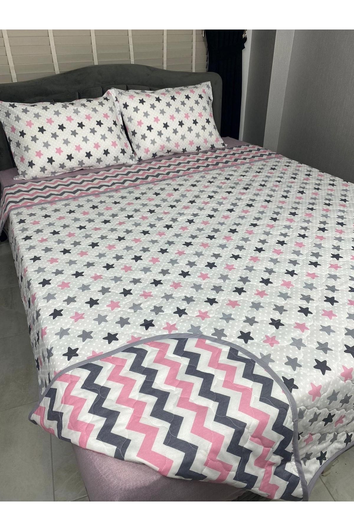 textizli Çift Taraflı 4 Mevsim Kapitoneli Çift Kişilik Yatak Örtü Seti V5