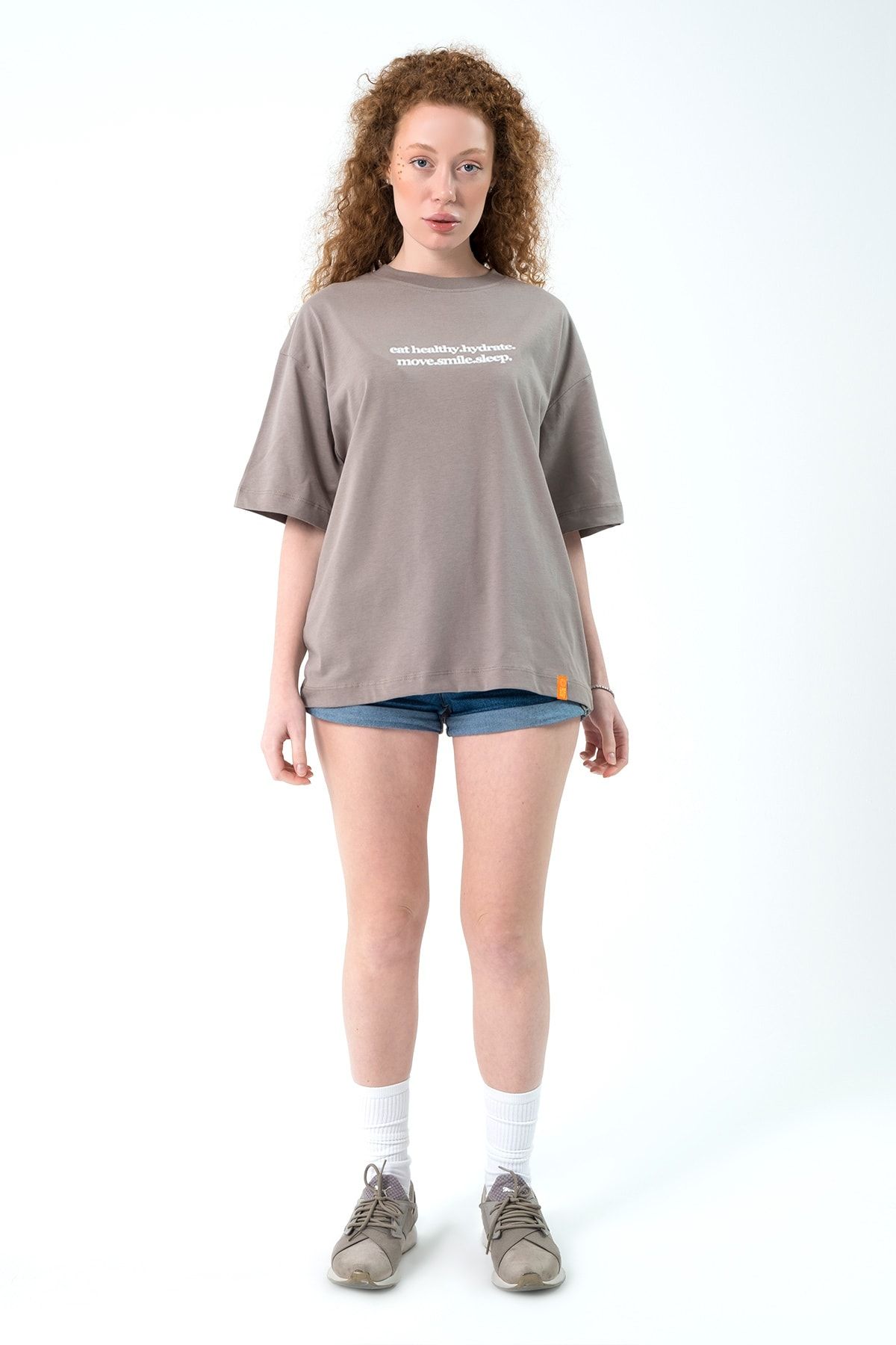 Eazy Co Eazy Taş Gri Eat Healthy Unisex Extra Oversize Baskılı Kısa Kollu T-shirt