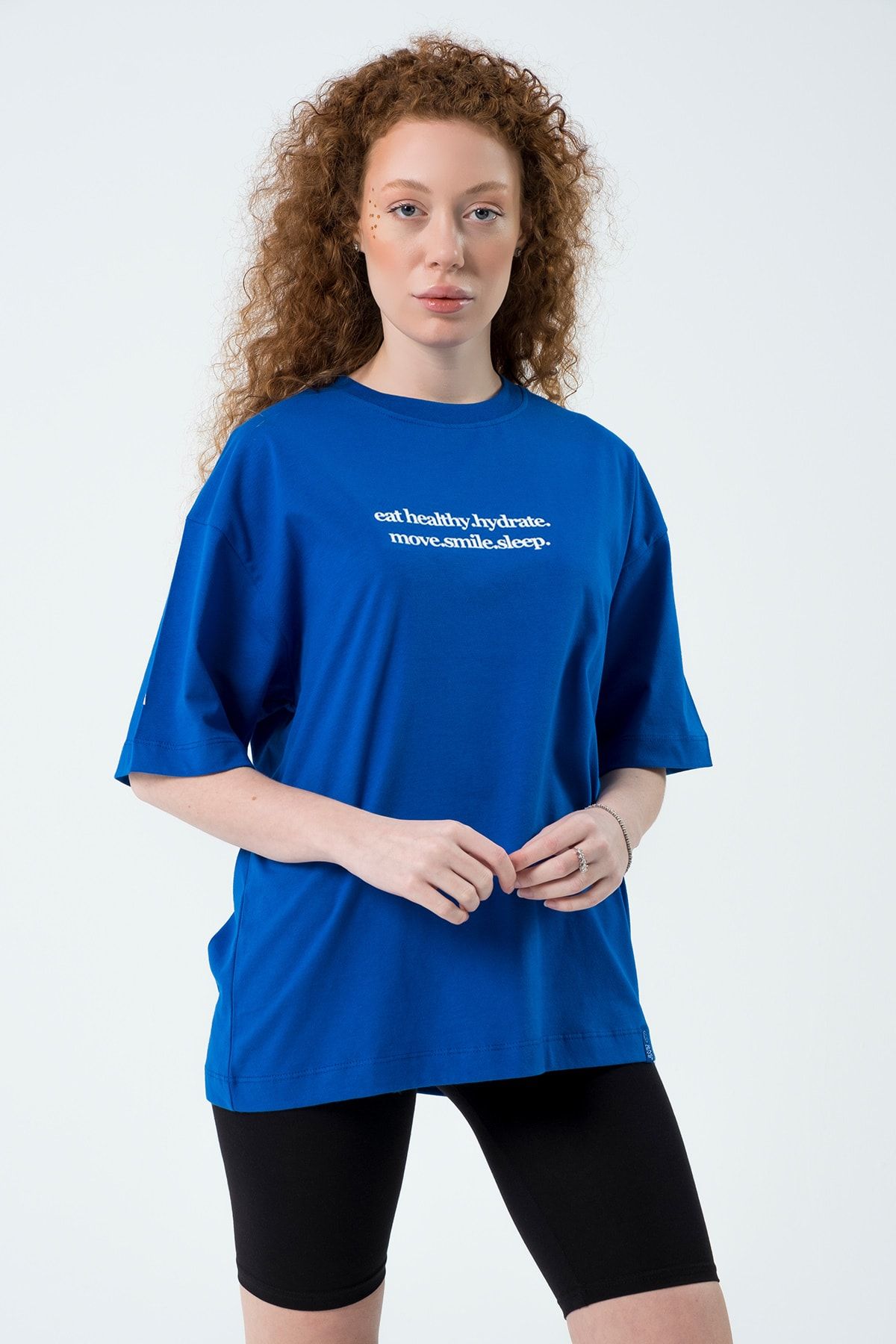 Eazy Co Eazy Saks Mavi Eat Healthy Unisex Extra Oversize Baskılı Kısa Kollu T-shirt