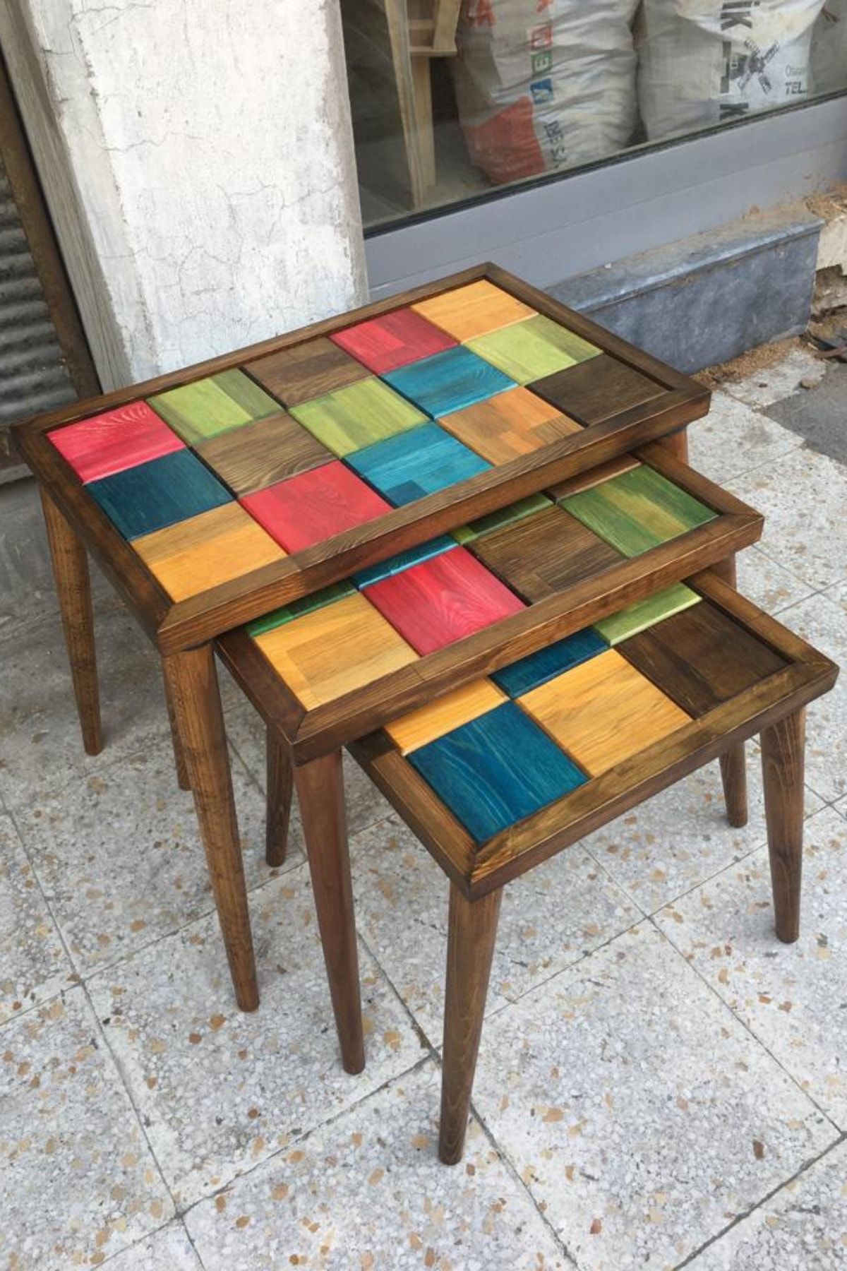 BBAWOODSHOP Çok Renkli Zigon Sehpa - Ahşap Ayak - El Işçiliği - 3lü Zigon -
