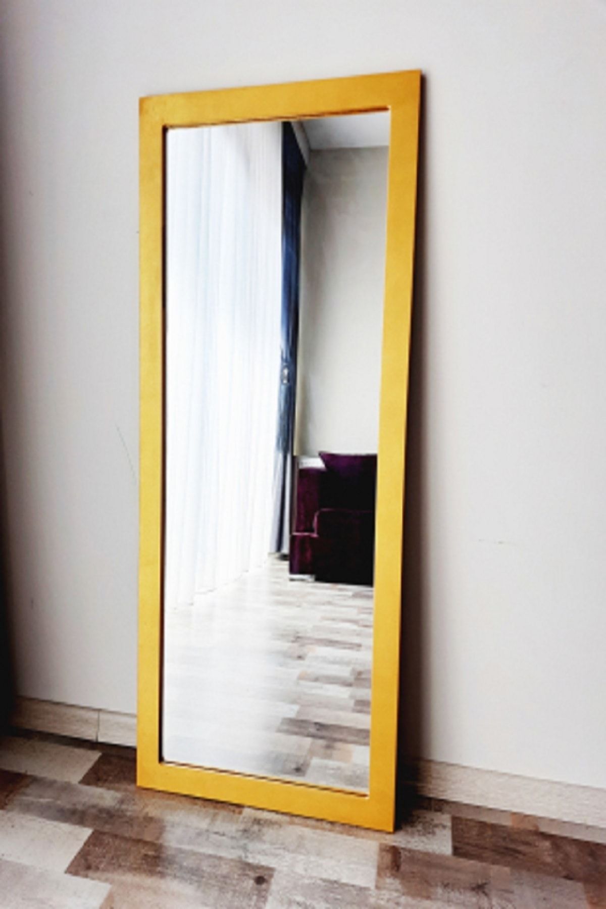 DFN WOOD Mdf Dikdörtgen Gold Metal Renk Dekoratif Duvar Salon Ofis Boy Aynası 130x60 cm