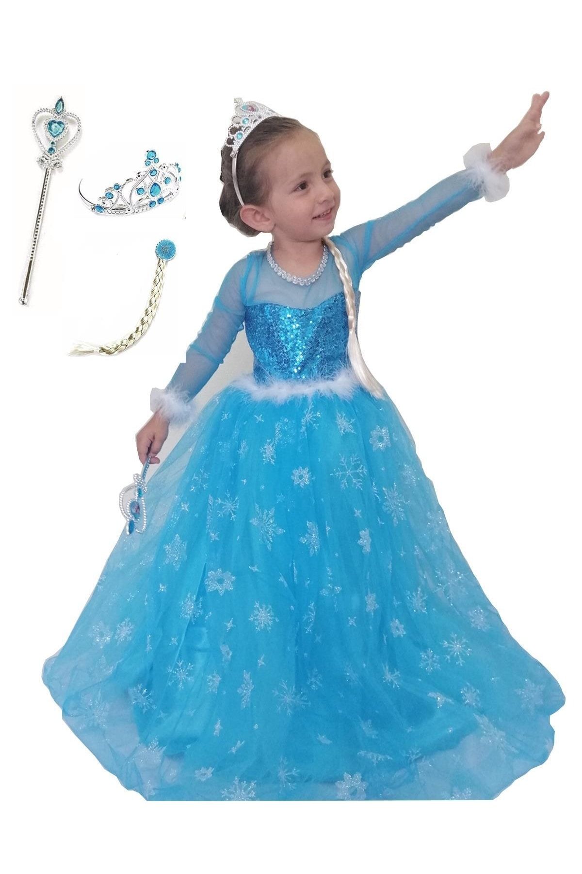 DEHAMODA Kız Çocuk Uzun Kol Tarlatanlı Taç Asa Saç Hediyeli Mavi Elsa Elbise