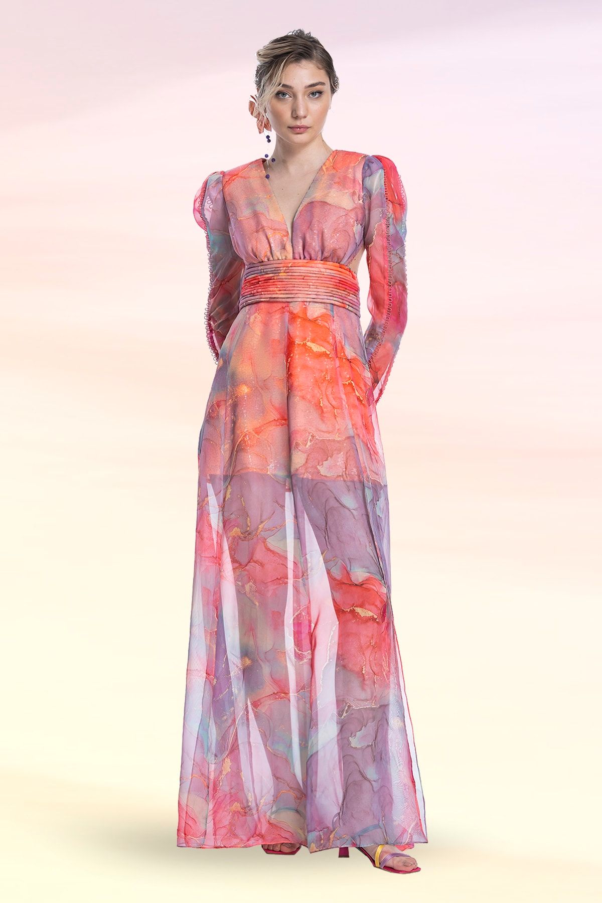 TUBA ERGIN Baskılı Nervür Ve Brit Detaylı Maxi Pela Rose Abiye Elbise