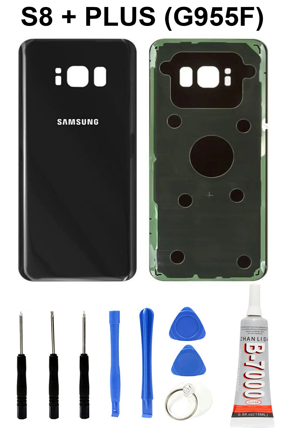 Ceykergsm Samsung Galaxy S8 Plus G955f Arka Cam Kapak Batarya Pil Kapağı Siyah Yapıştırıcı B7000 Tamir Seti