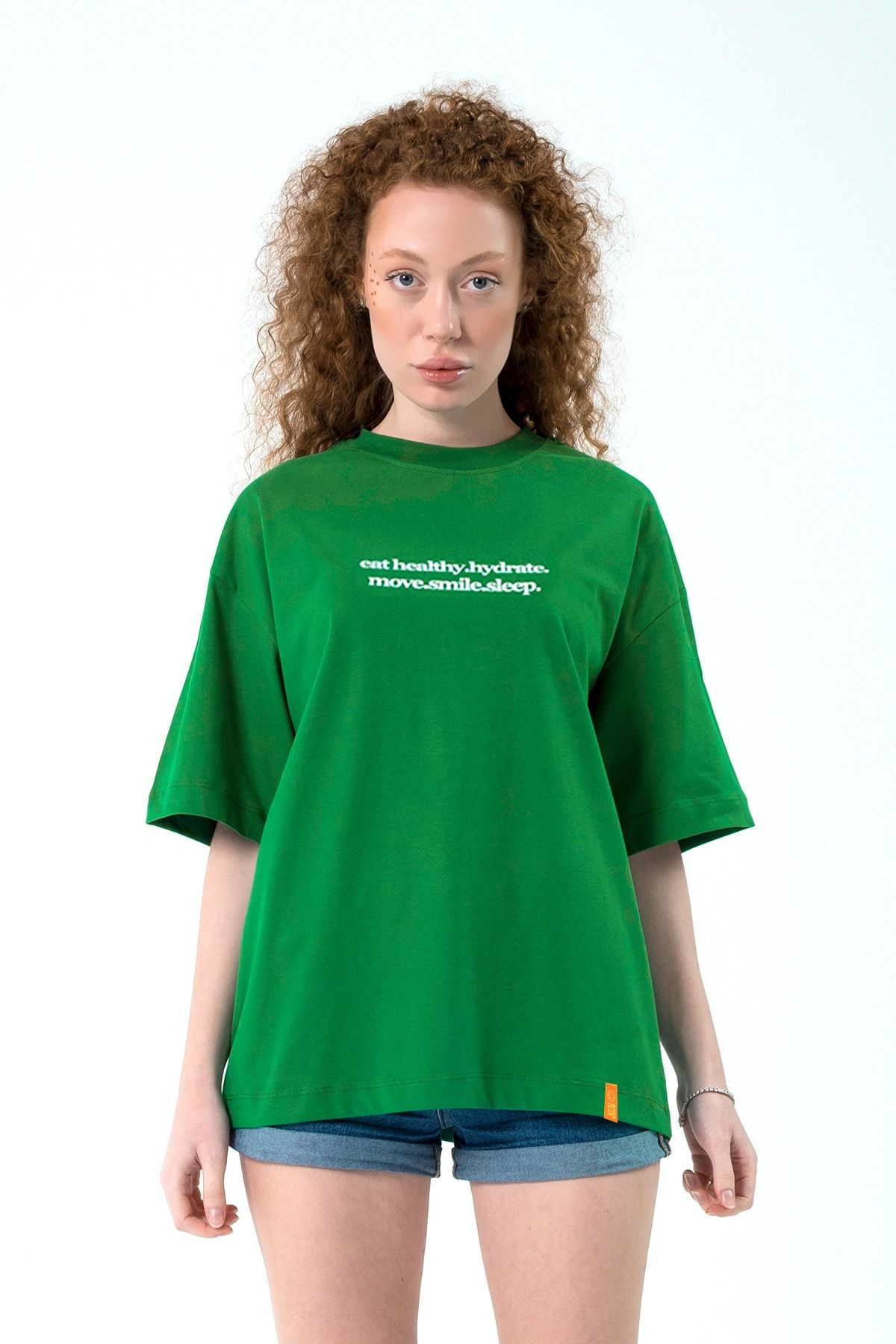 Eazy Co Eazy Yeşil Eat Healthy Unisex Extra Oversize Baskılı Kısa Kollu T-shirt