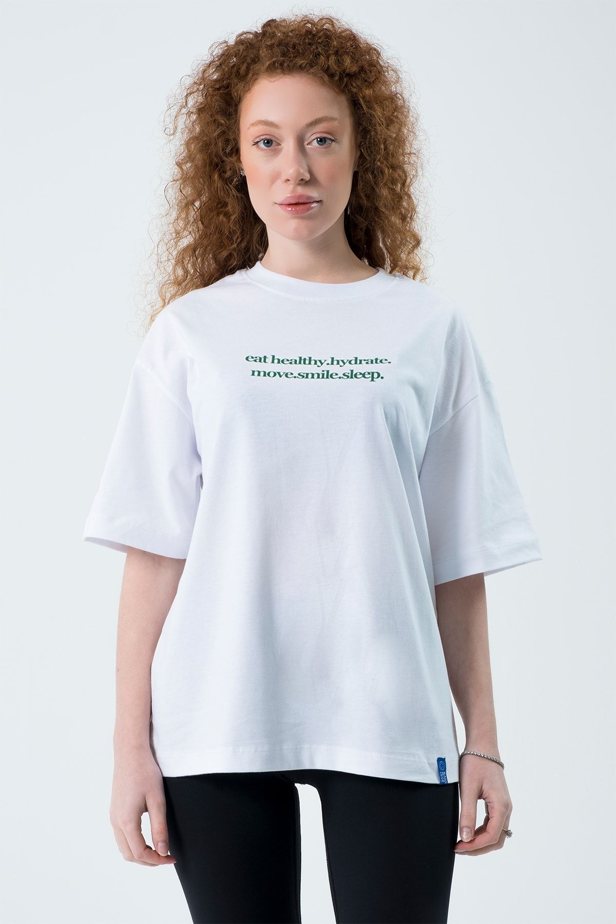Eazy Co Eazy Beyaz Eat Healthy Unisex Extra Oversize Baskılı Kısa Kollu T-shirt