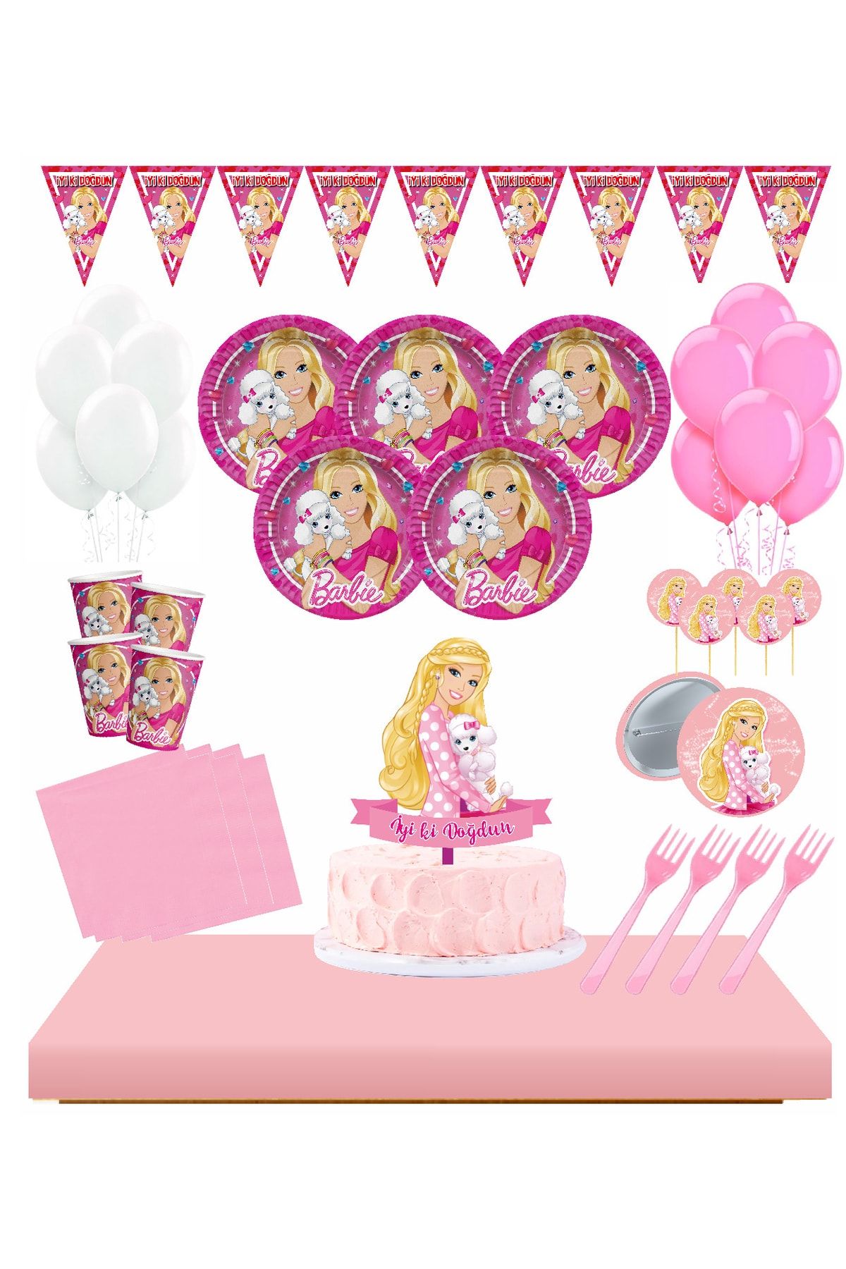 Masal Şekerleme Barbie 8 Kişilik Doğum Günü Seti Pasta Süsü Dahil