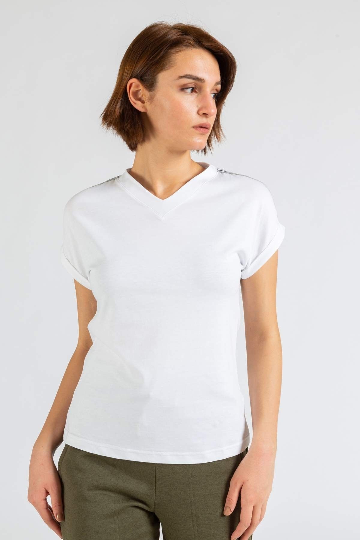 Eleventy V Yaka Koton Beyaz T-shirt