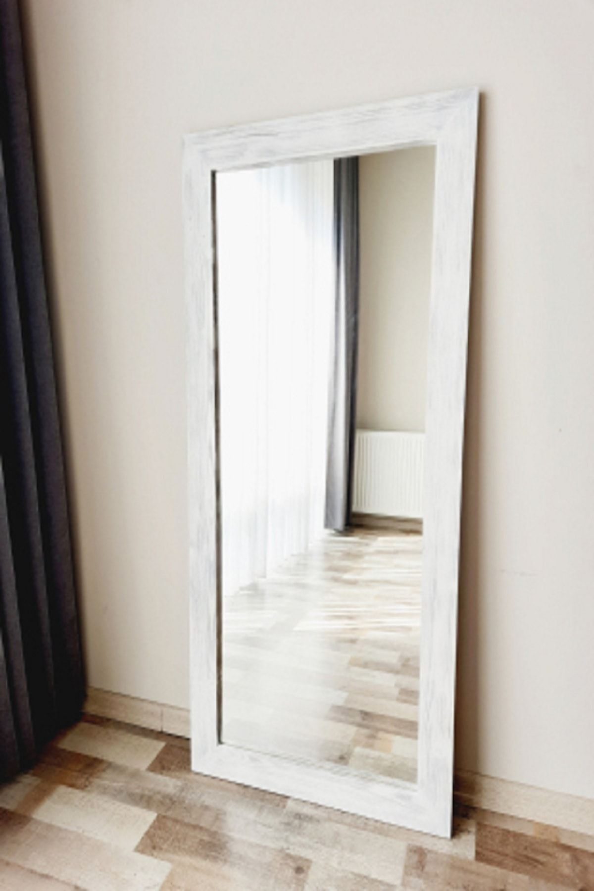 DFN WOOD Masif Ahşap Dikdörtgen Beyaz Dekoratif Duvar Salon Ofis Boy Aynası 150x70 Cm