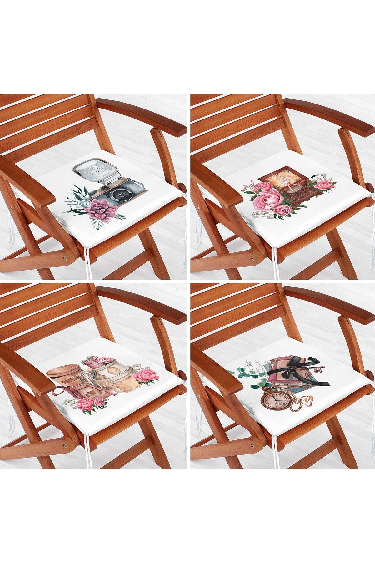 Realhomes 4'lü Özel Tasarım Antika Motifli Dijital Baskılı Modern Fermuarlı Sandalye Minderi Seti