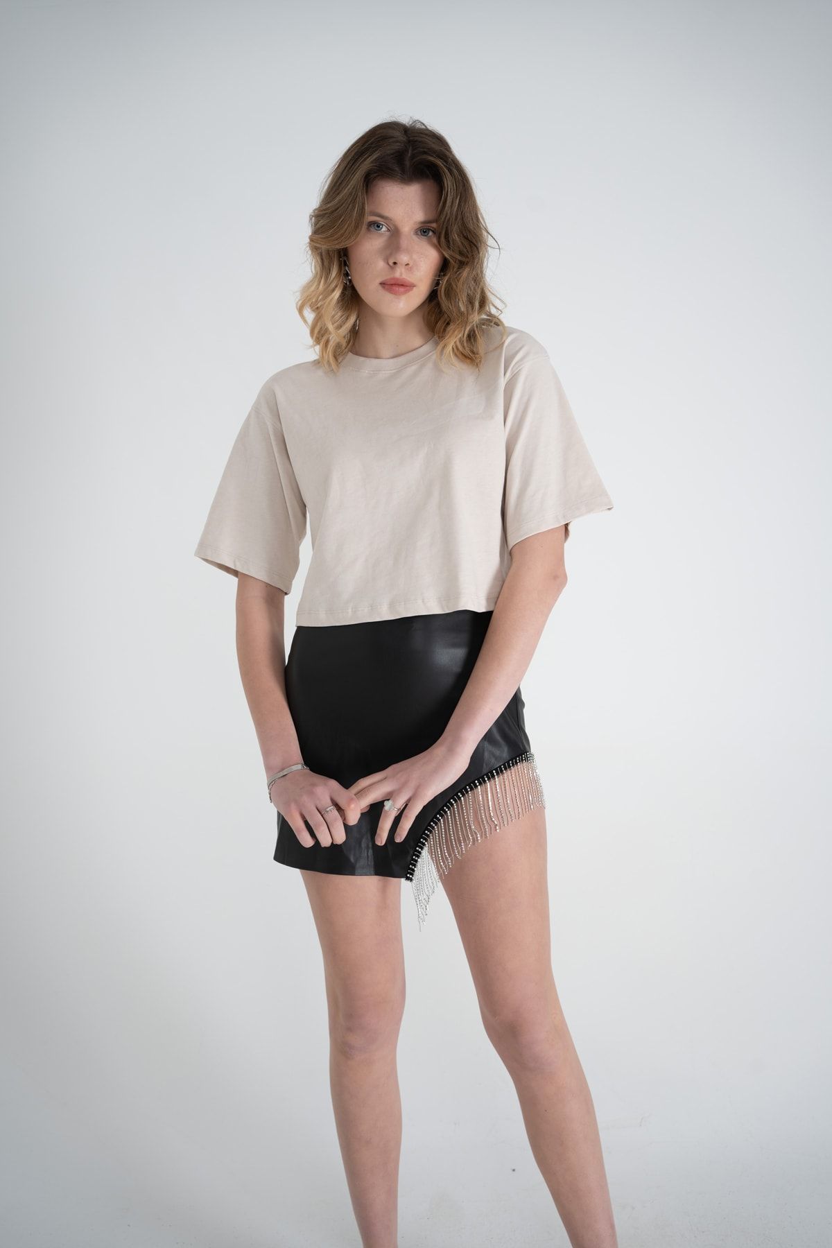 HOLLY LOLLY Kısa Kol Bisiklet Yaka Basic Viole Tshirt Bej