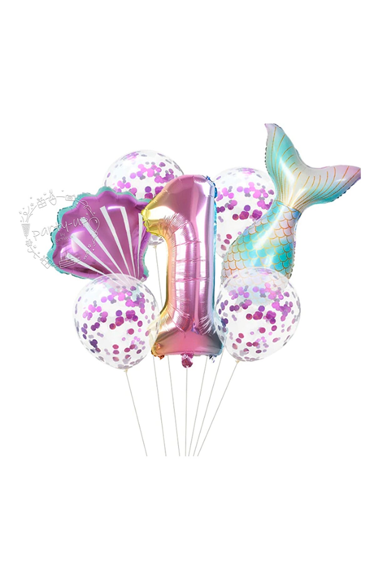 PARTİAVM Deniz Kızı Balon 7li Set ( Denizkızı Deniz Kabuğu Rakam Balon Ve Pullu Şeffaf Balon Buketi )