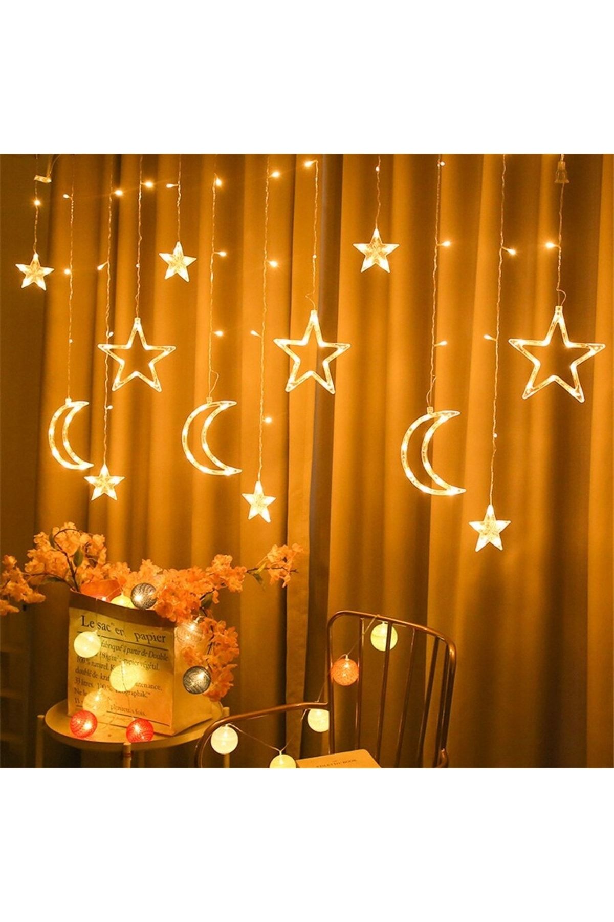 Huzur Party Store Ay Hilal Yıldız Perde Led Günışığı Ramazan Bayramı 3 Metre Sarı Işıklı Fişli 12 Saçaklı 8 Modlu