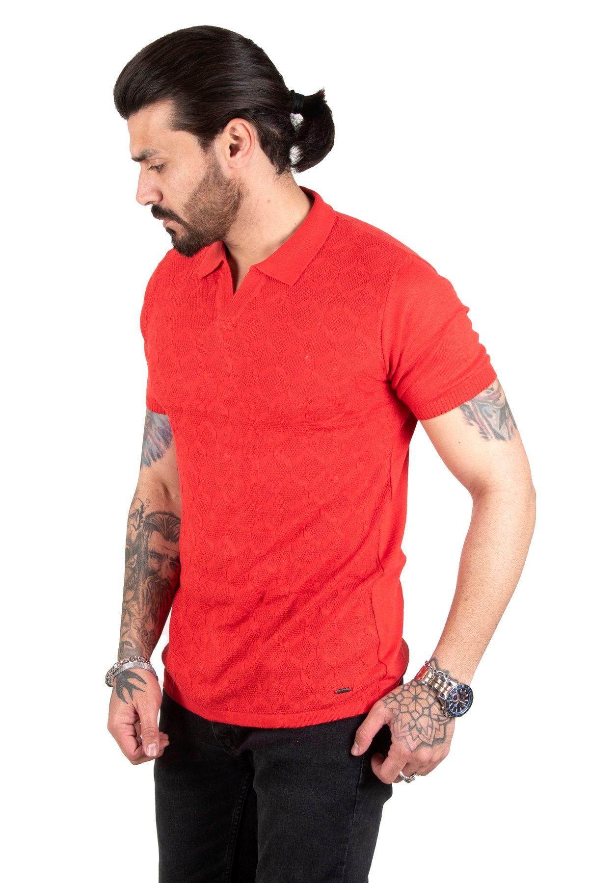 DeepSea Erkek Kırmızı Noktalı Örme Desenli Likralı Dar Kesim Polo Yaka Tişört