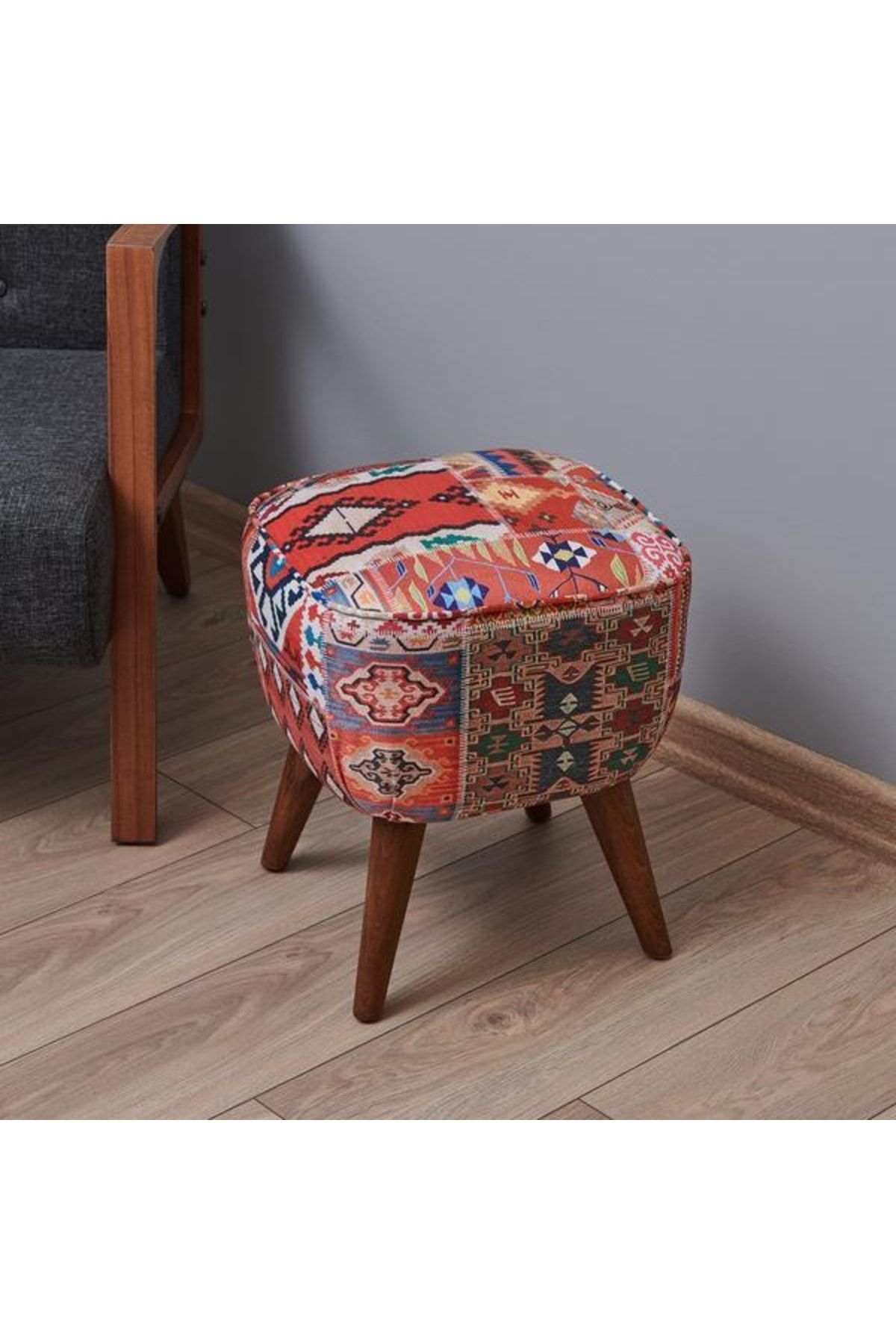 Just Home Retro Kare Dijital Patchwork Puf - Renkli