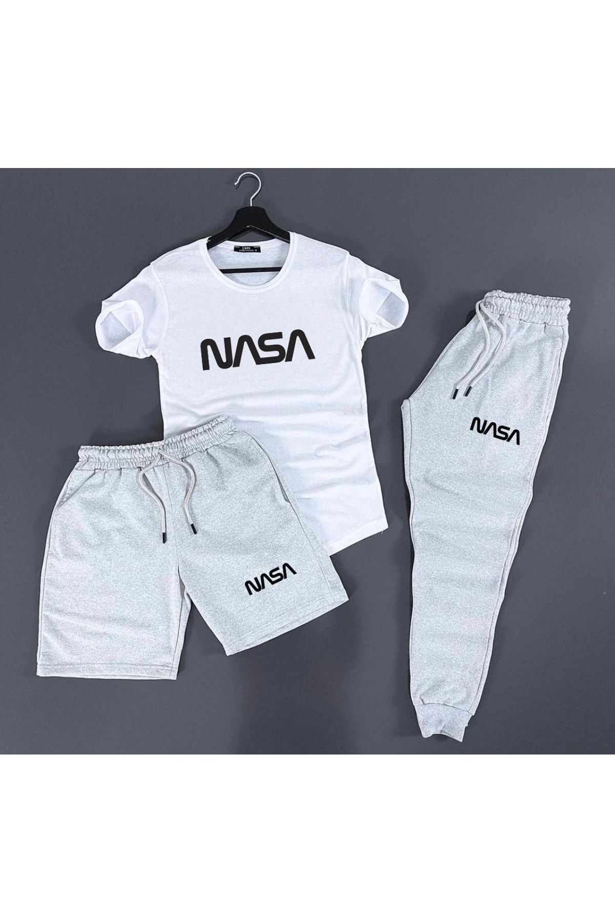 PUNIX Nasa Baskılı Pamuklu Kısa Kollu Yazlık Slim Fit 3 Lü Erkek Eşofman Takımı