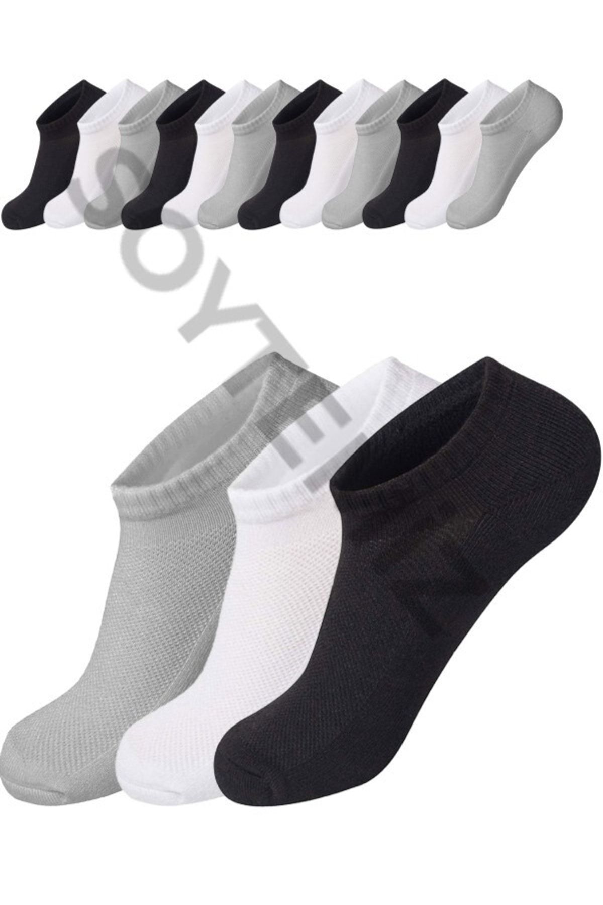 SOYTEMİZ Unısex Cotton Görünmez Sneakers Spor Çorap 12 Çift Siyah Beyaz Gri