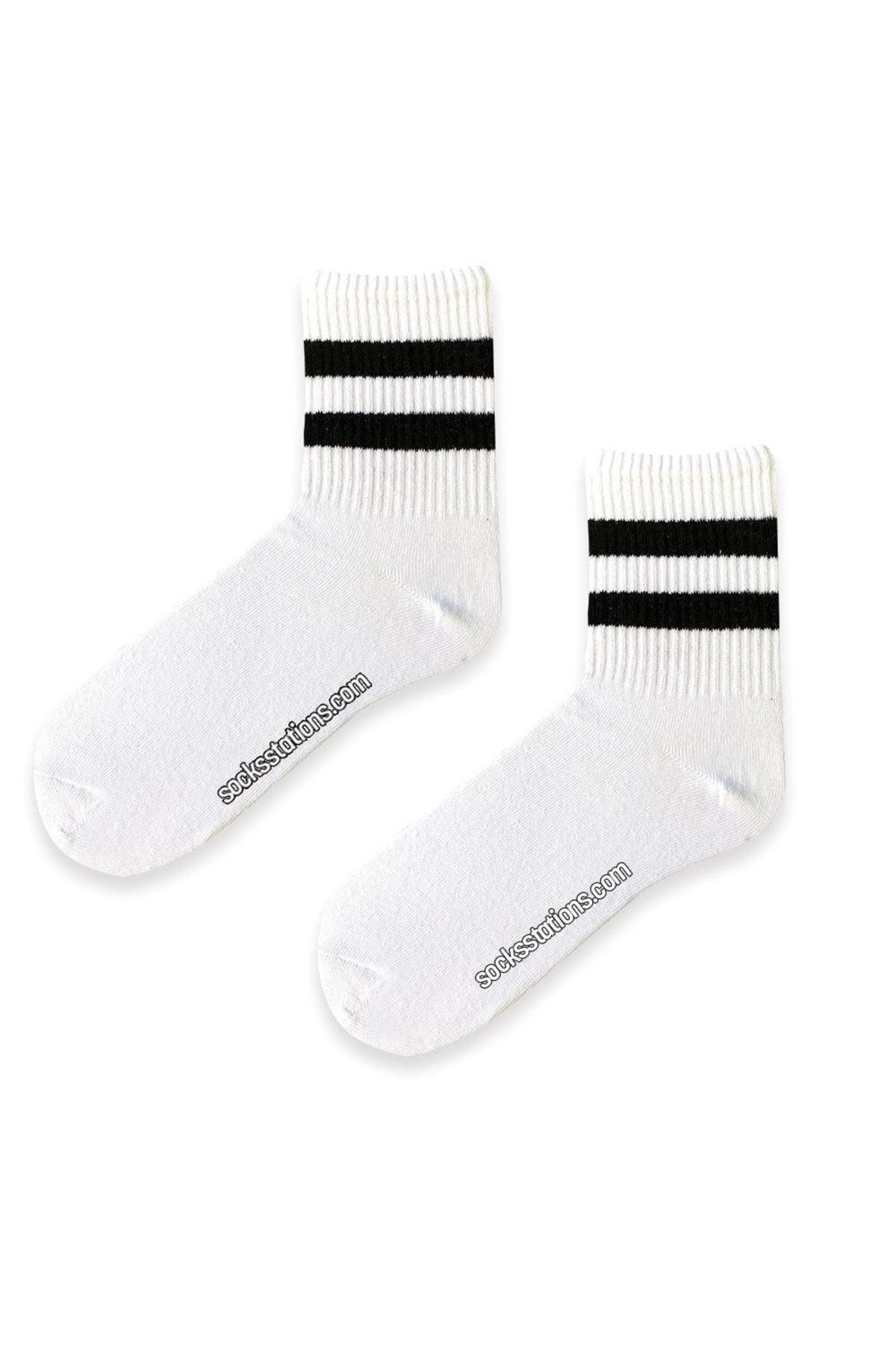 Socks Stations Ünisex Beyaz Renkli , Siyah Kalın Çizgili Uzun Kolej Spor Çorap