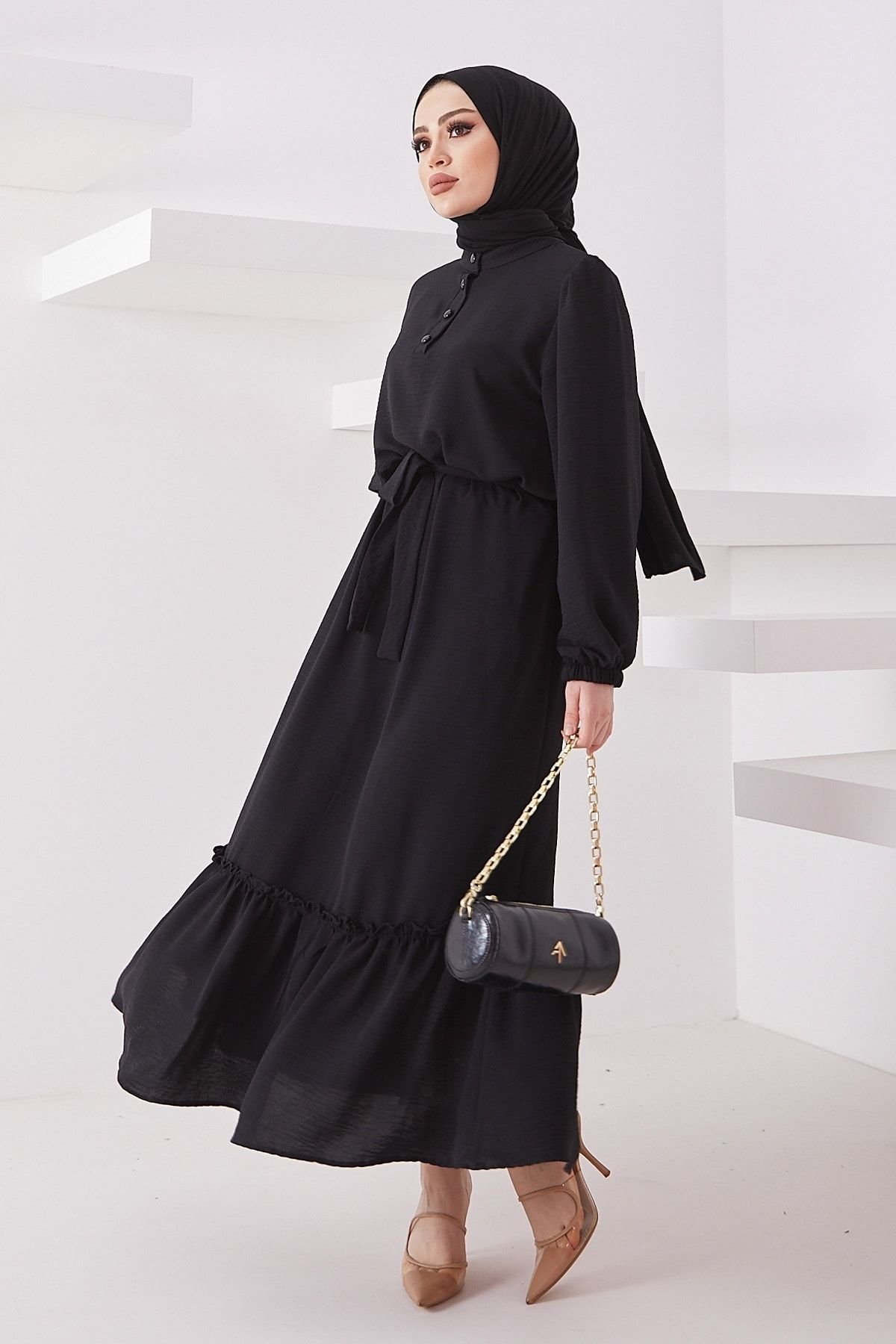 InStyle Meyra Düğmeli Ayrobin Elbise - Siyah