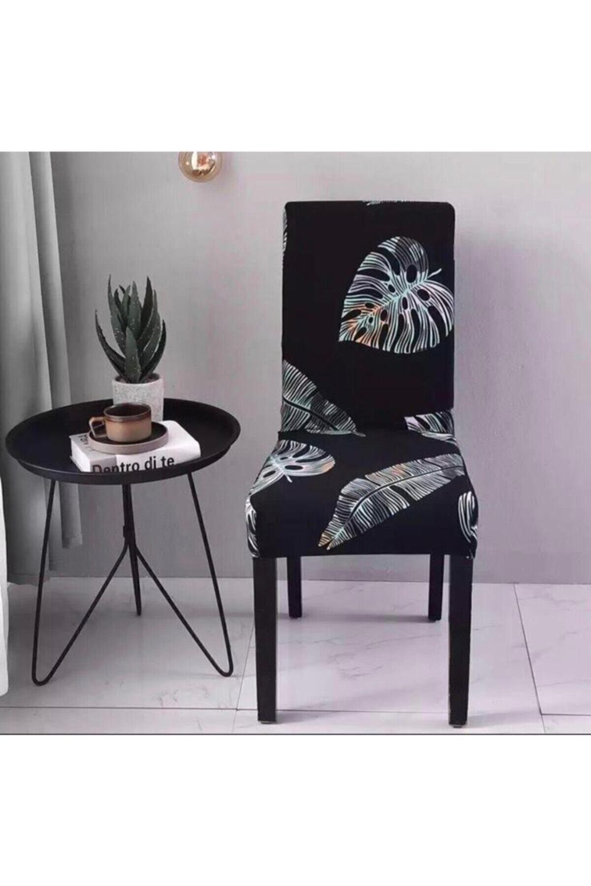elgeyar Desenli Kadife Sandalye Kılıfı Sandalye Örtüsü Lastikli Siyah Yaprak Desen 1 Adet