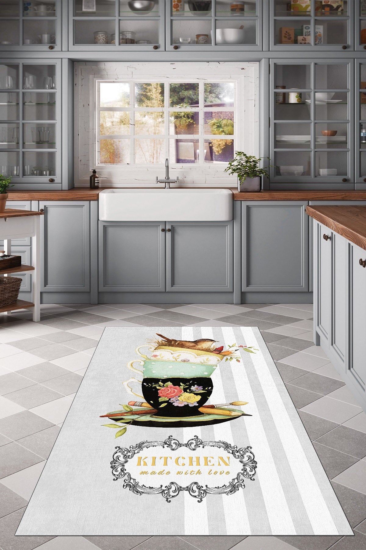 CAPPİO HALI Fincan Desenli Mutfak Halısı (makinada Yıkanabilir Kaymaz Dot Taban) - Cp1343
