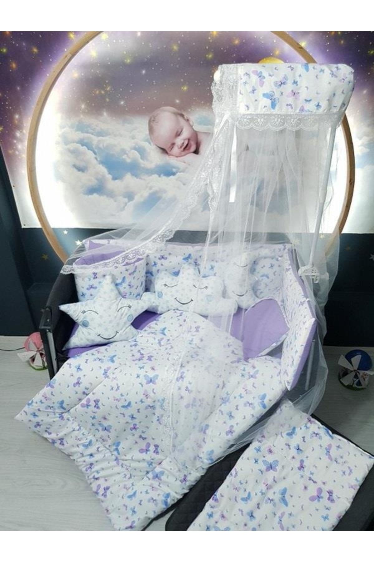 bebek iklimi 70x120 Bebek Uyku Seti Cibinlikli Kelebek Desen Park Beşiklere Uyumlu 12 Parça (beşik Hariçtir)