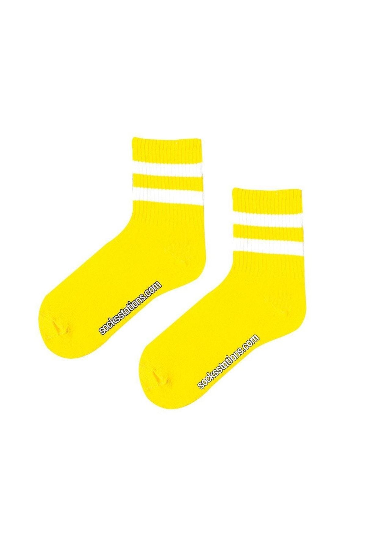 Socks Stations Ünisex Sarı Renkli , Beyaz Kalın Çizgili Uzun Kolej Spor Çorap