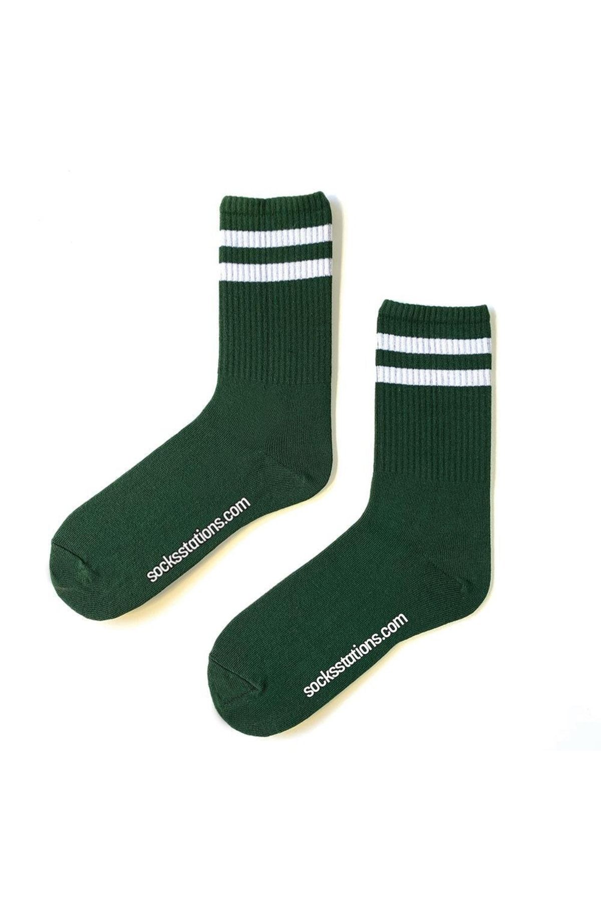 Socks Stations Ünisex Yeşil Renkli , Beyaz Çizgili Uzun Kolej Spor Çorap