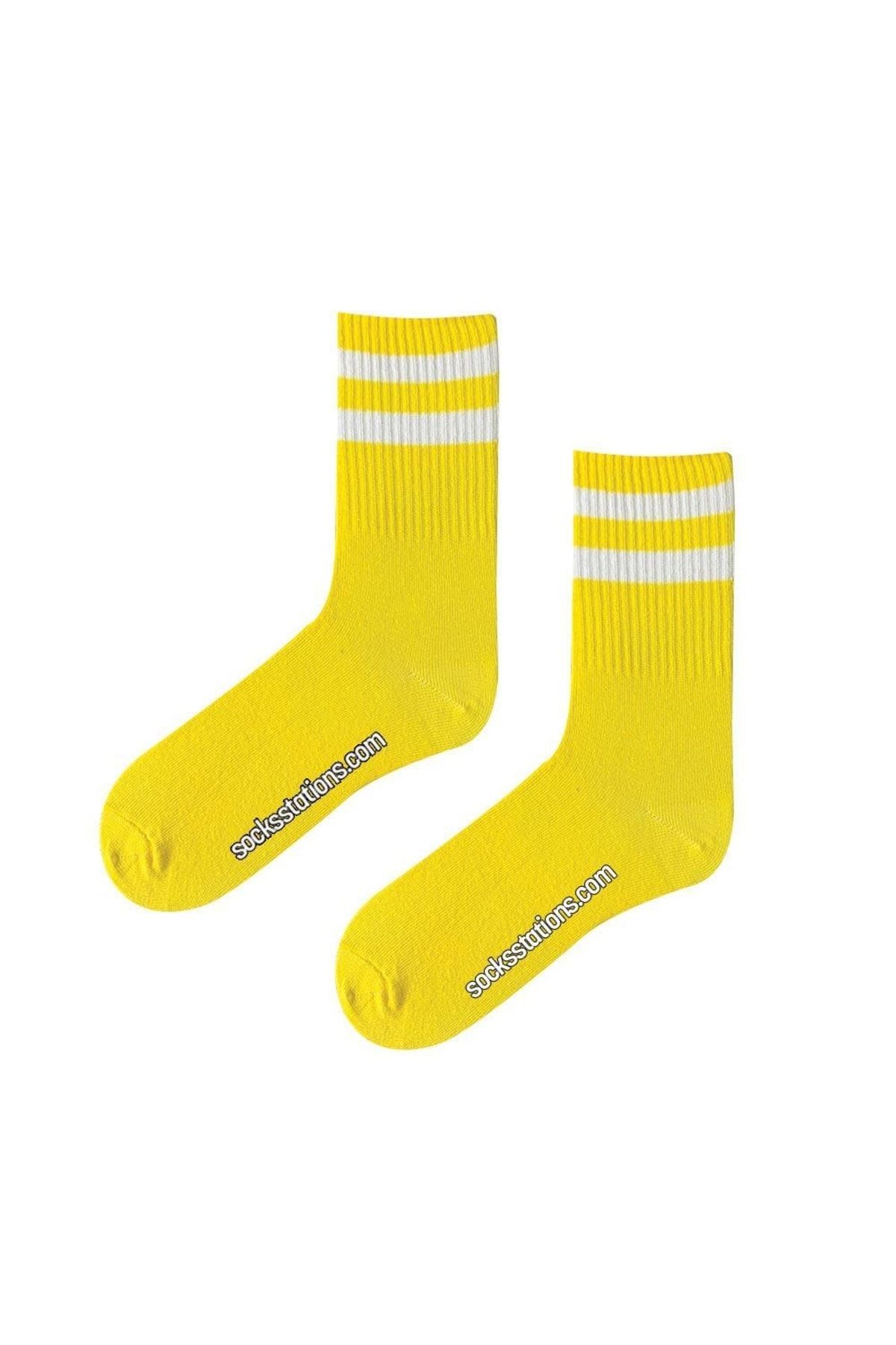 Socks Stations Ünisex Sarı Renkli , Beyaz Çizgili Uzun Kolej Spor Çorap