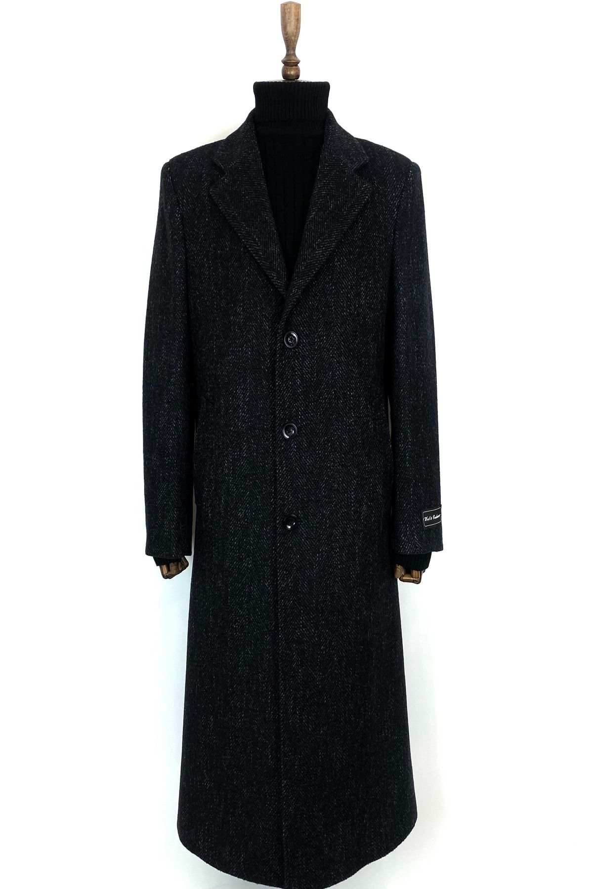 ŞAN GİYİM 1085 Erkek Siyah Balıksırtı Ceket Yaka Uzun Palto