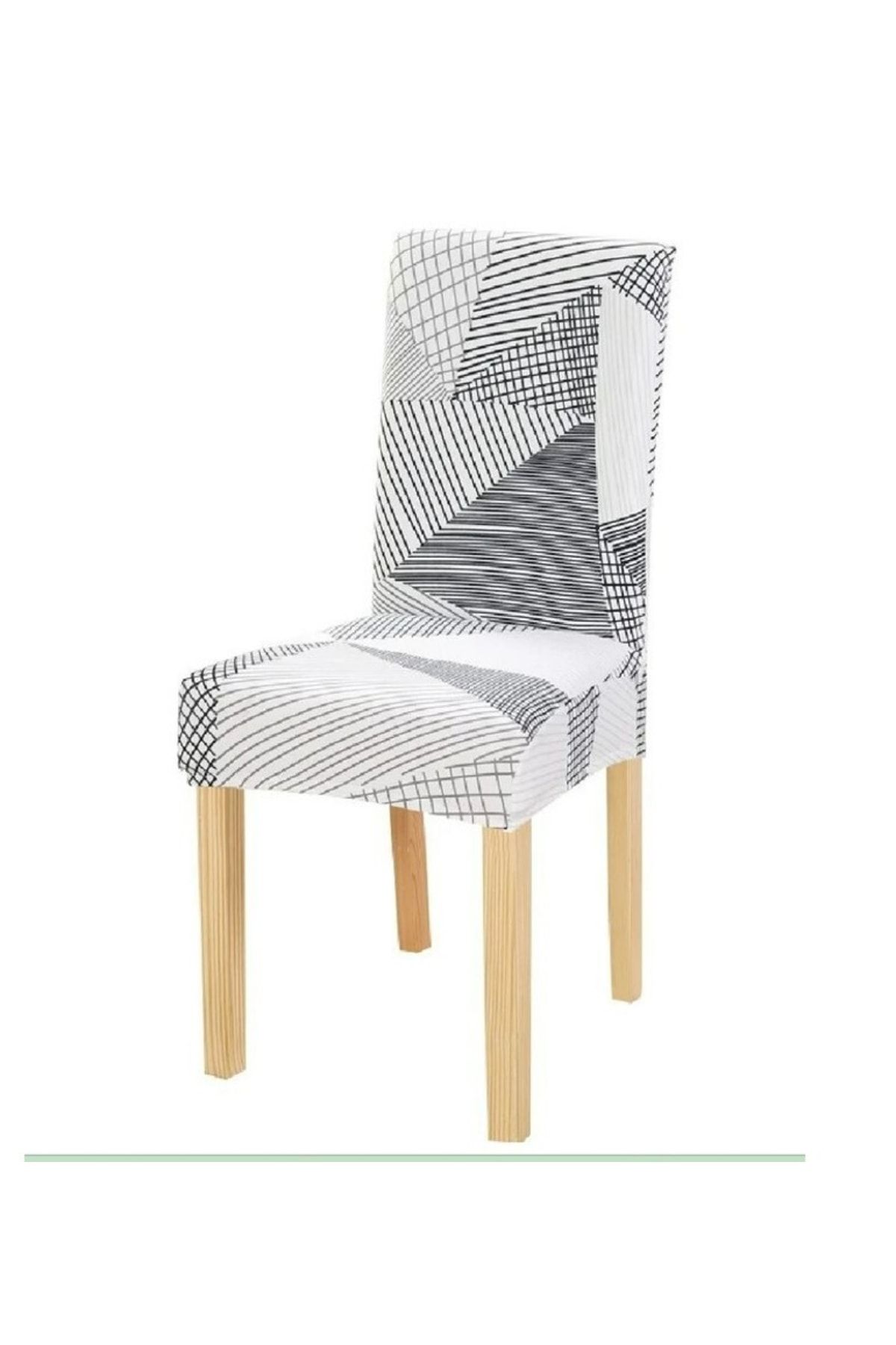 elgeyar Desenli Kadife Sandalye Kılıfı Sandalye Örtüsü Lastikli Gri Beyaz Çizgili Desen 1 Adet