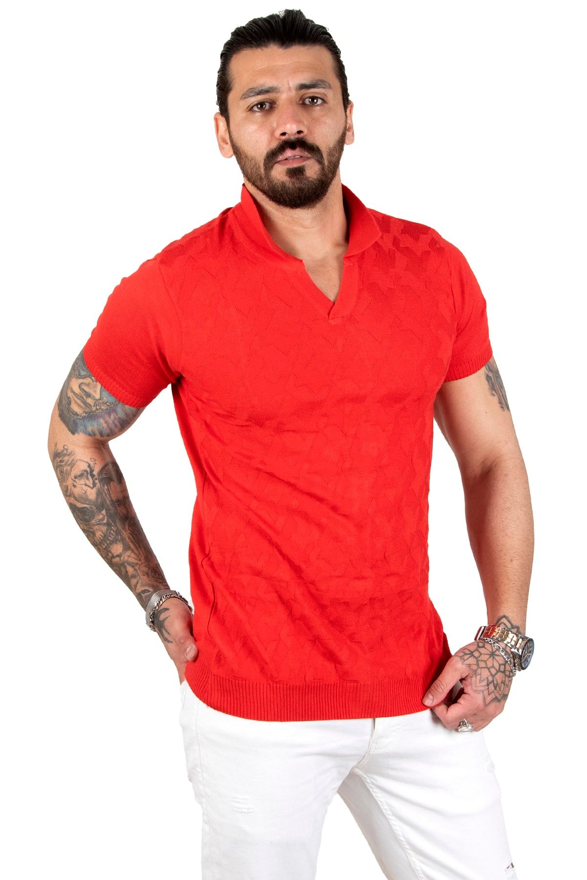 DeepSea Erkek Kırmızı Desenli Eteği Lastikli Likralı Dar Kesim Polo Yaka Tişört