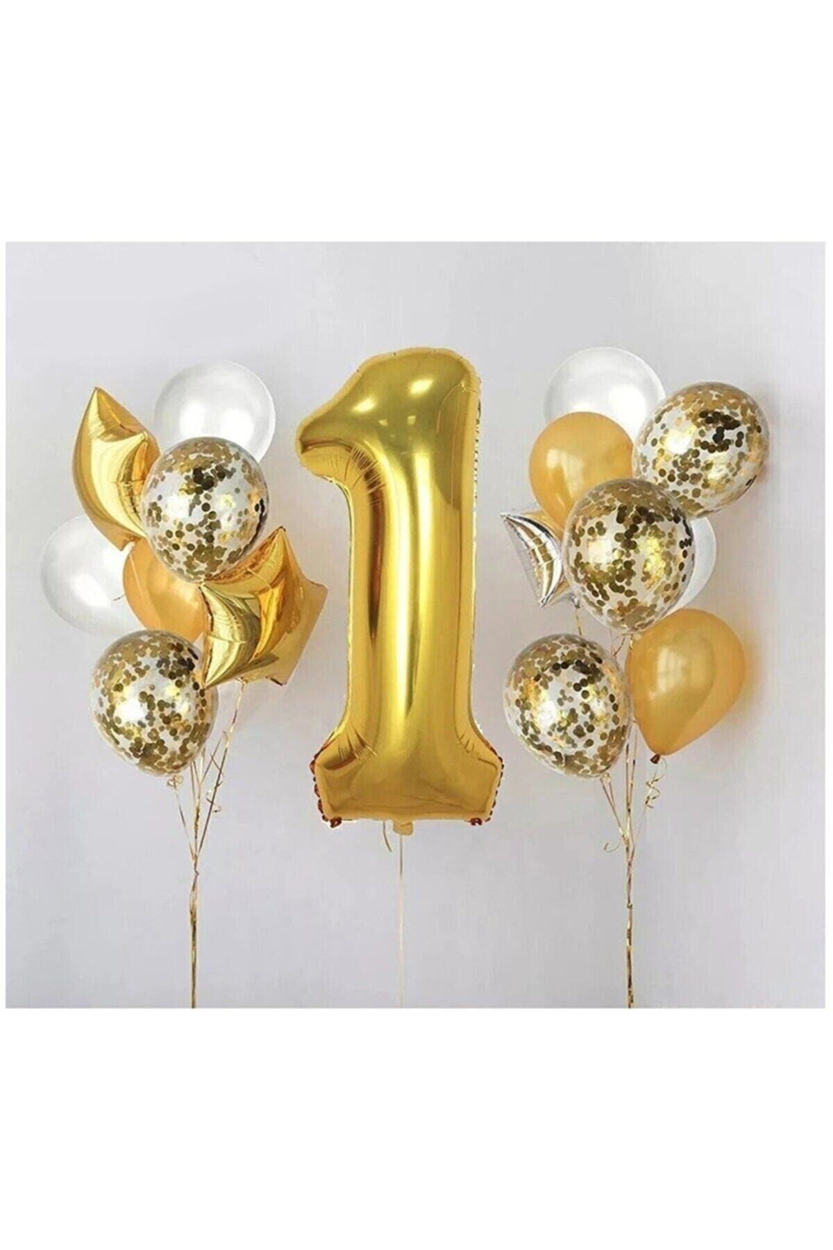 BİDOLUMUTLULUK 1 Yaş Gold Folyo Balon Şeffaf Balon Seti Doğum Günü Parti Seti