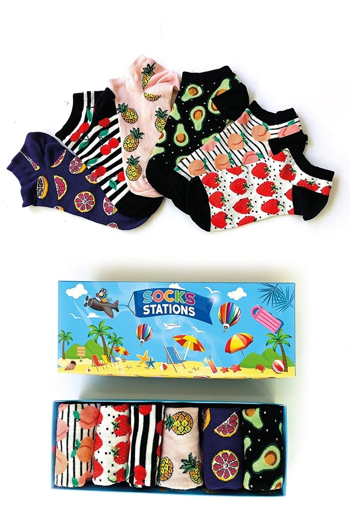 Socks Stations Unisex 6'lı Bilek Renkli Desenli Çorap Kutusu